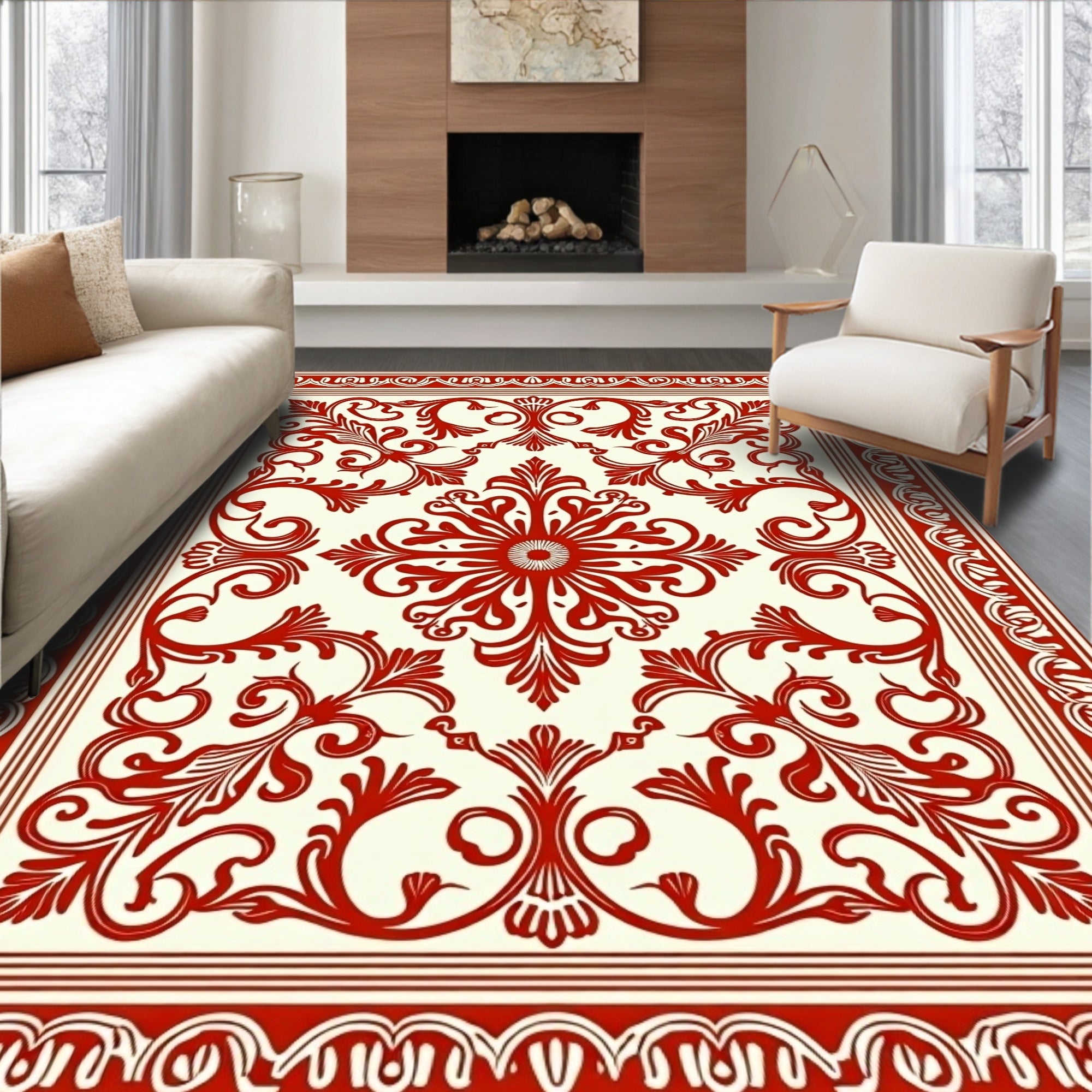 Red Floral Scrollwork Damask Pattern Rug