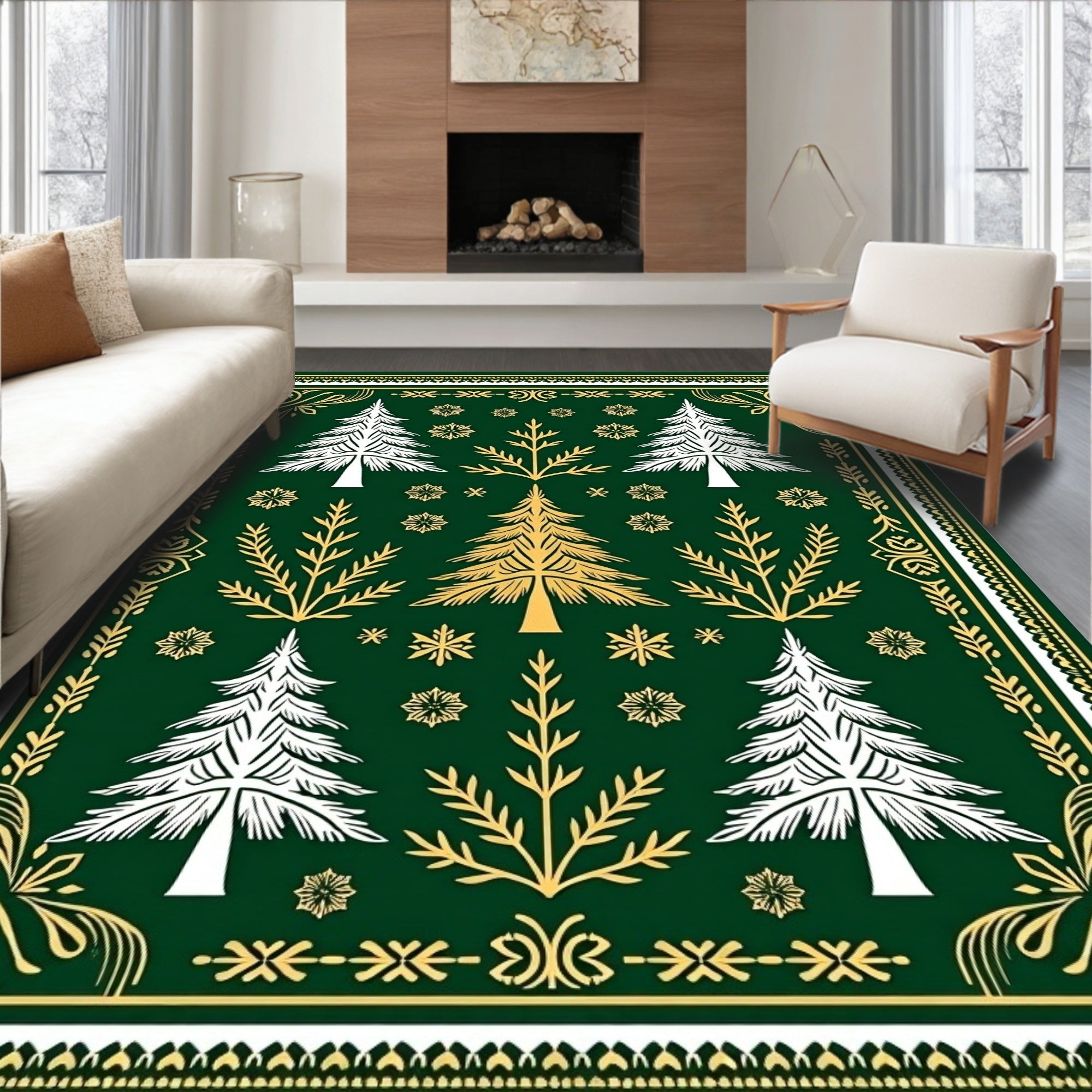 Emerald Forest Pine Snowflakes Rug