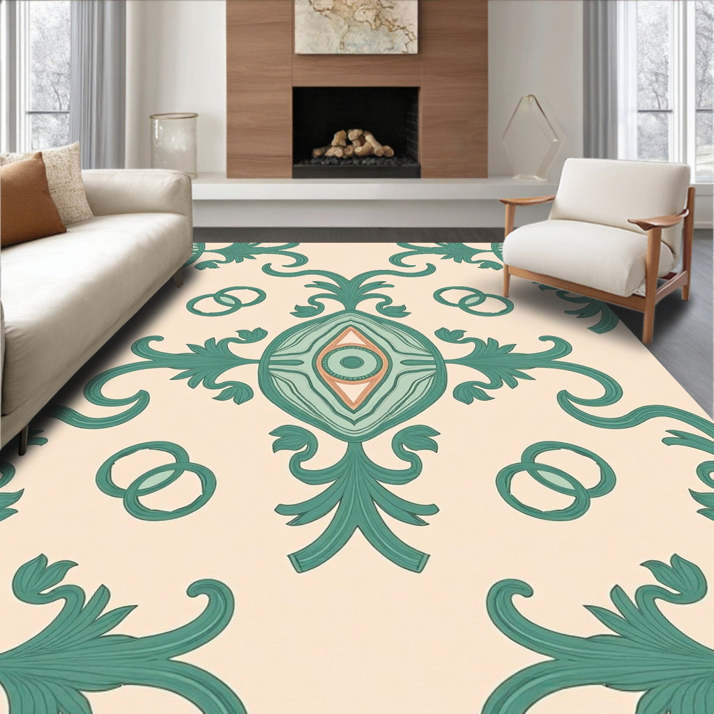 Teal Leafy Ornament Pattern Rug