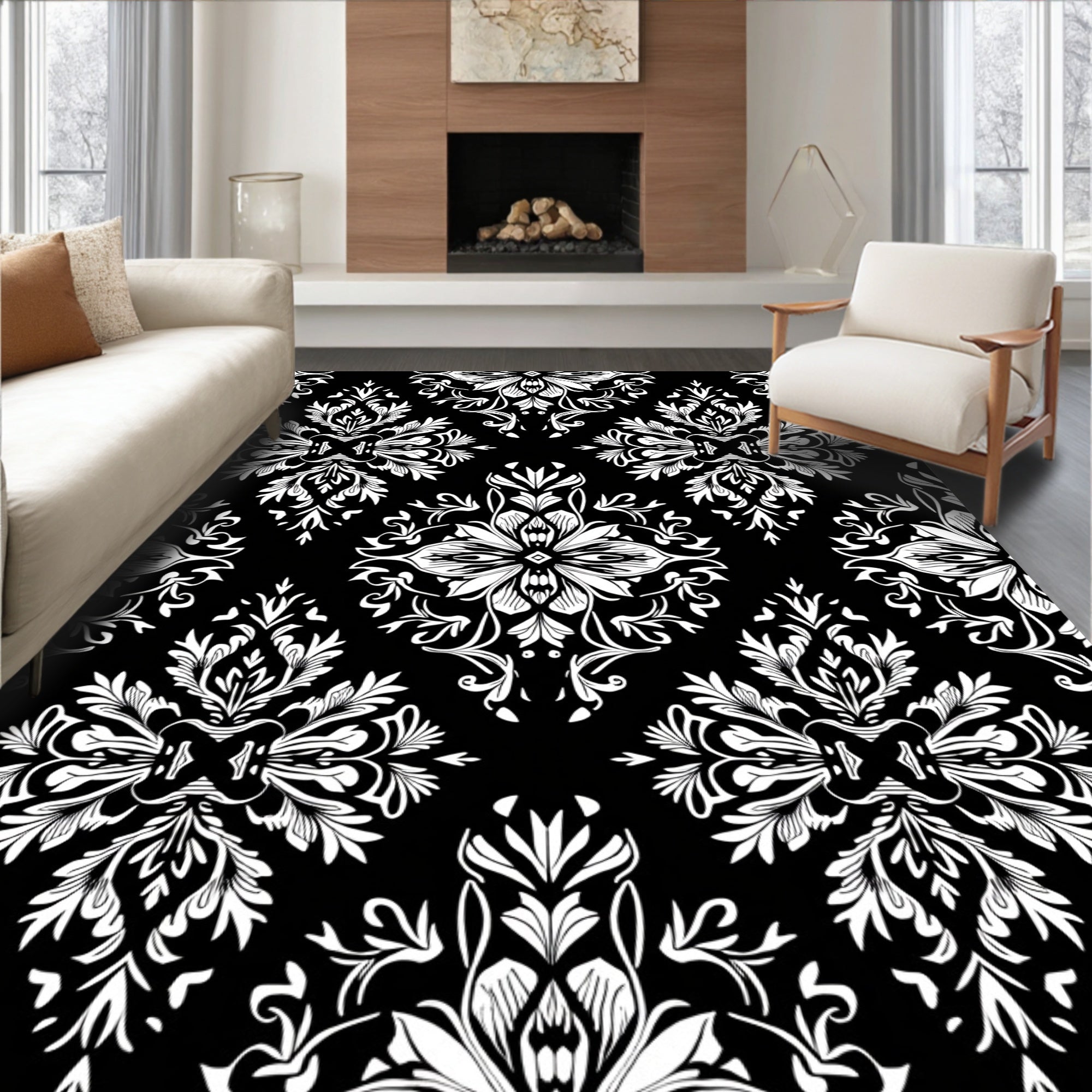 Black and White Floral Damask Design Rug