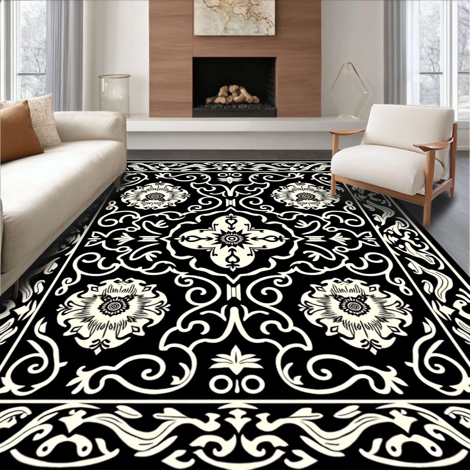 Classic Black Floral Vine Pattern Rug