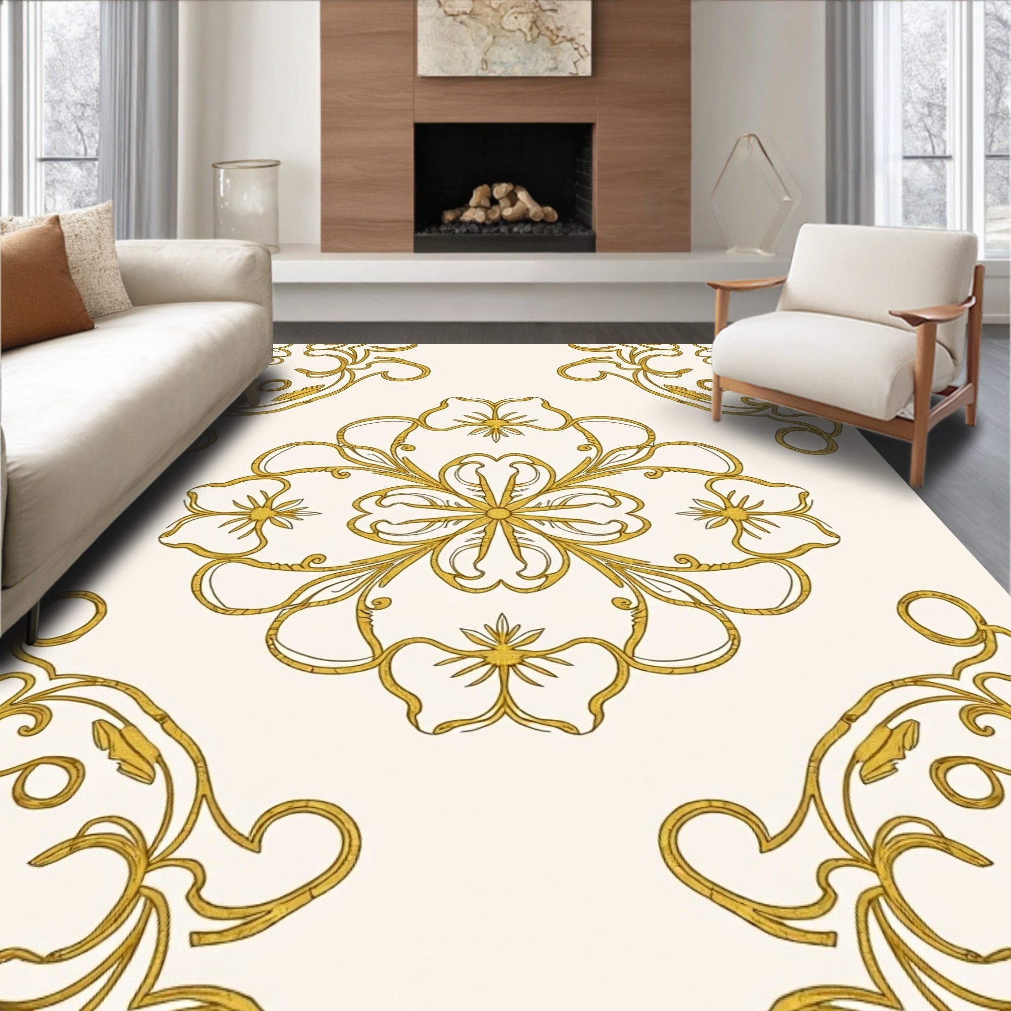 Elegant Gold Floral Scroll Pattern Rug