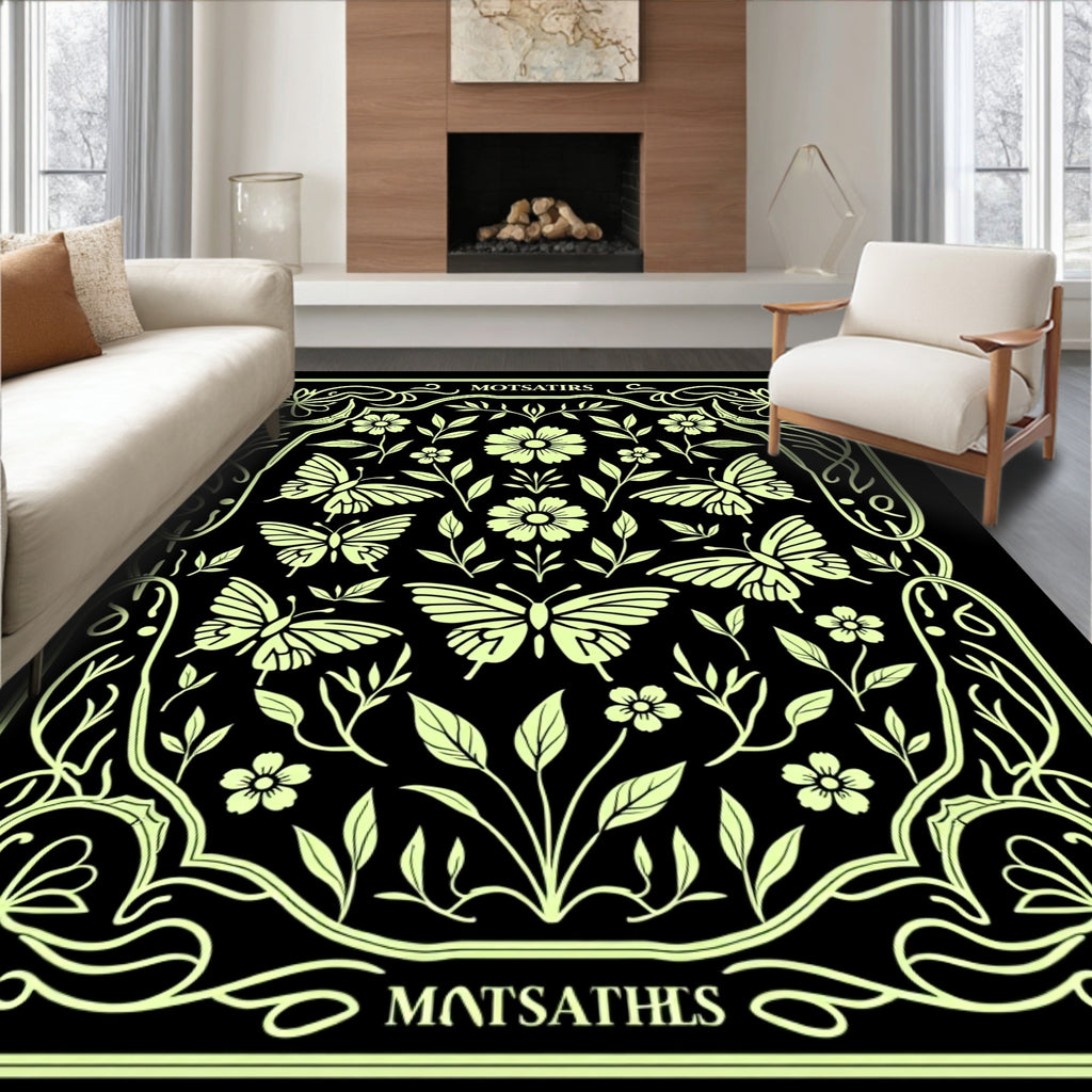 Light Green Butterfly Floral Art Nouveau Rug