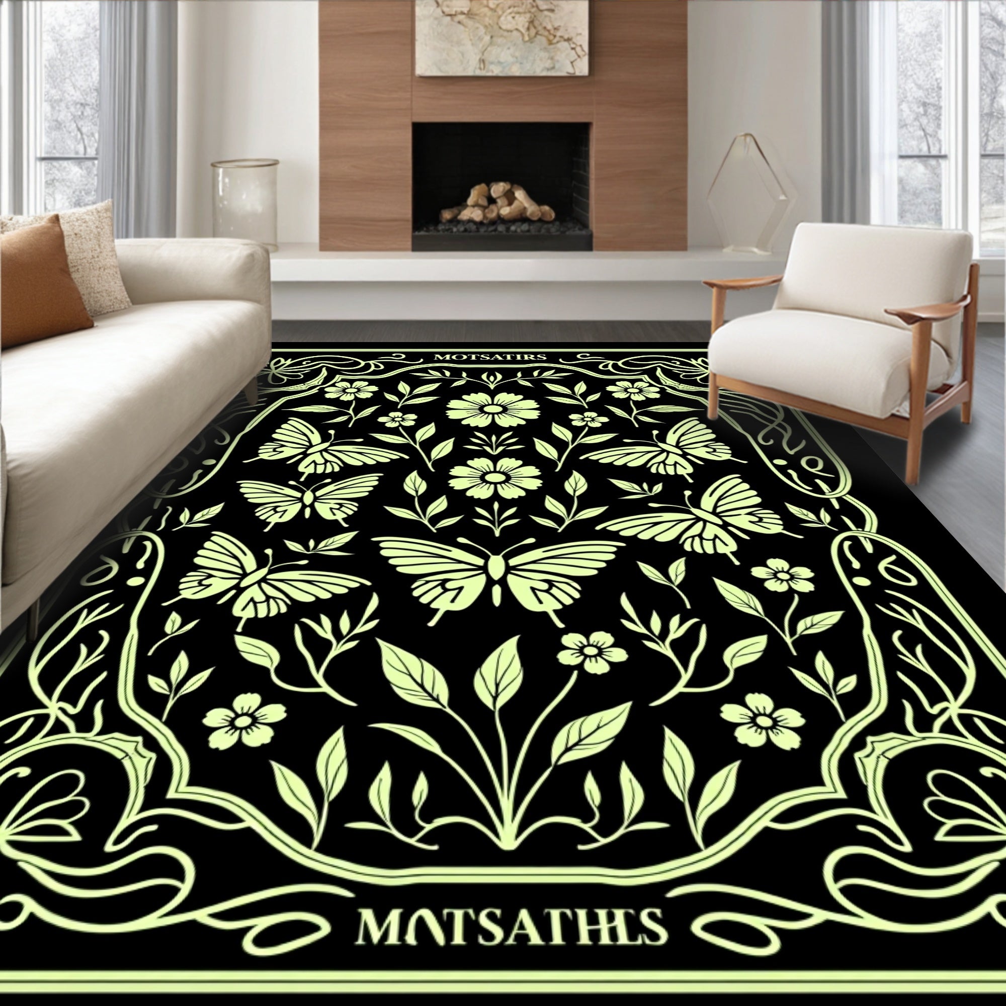 Light Green Butterfly Floral Art Nouveau Rug