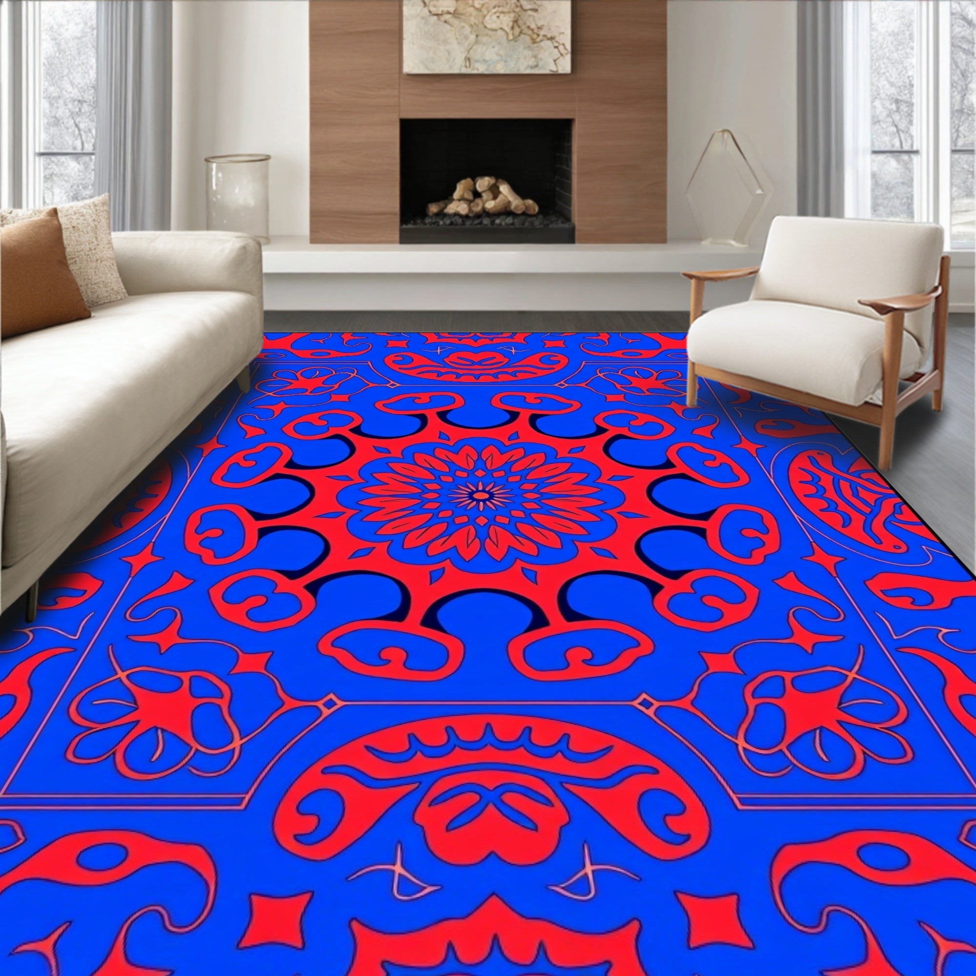 Vibrant Red Blue Mandala Design Rug