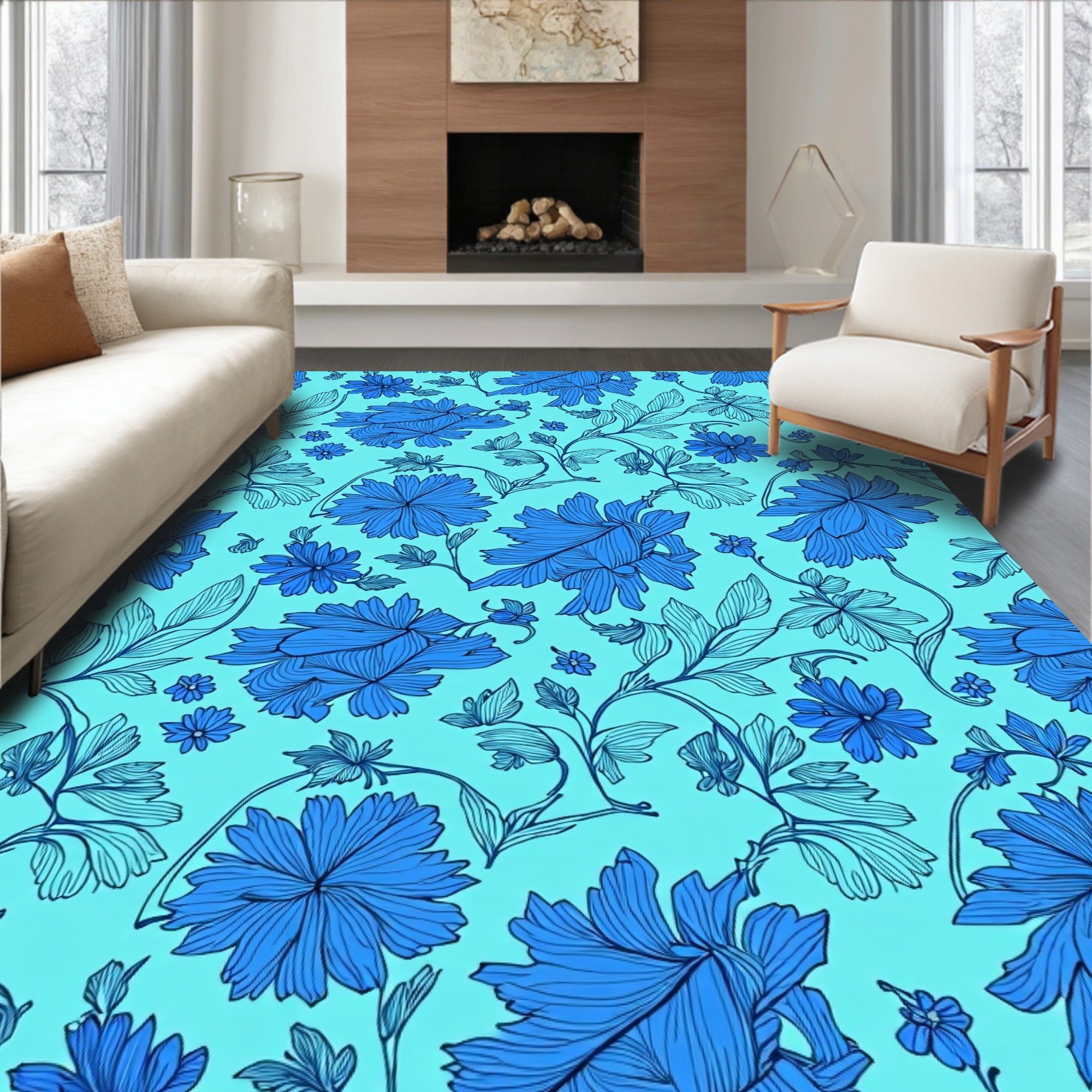 Blue Floral Vine Intricate Design Rug