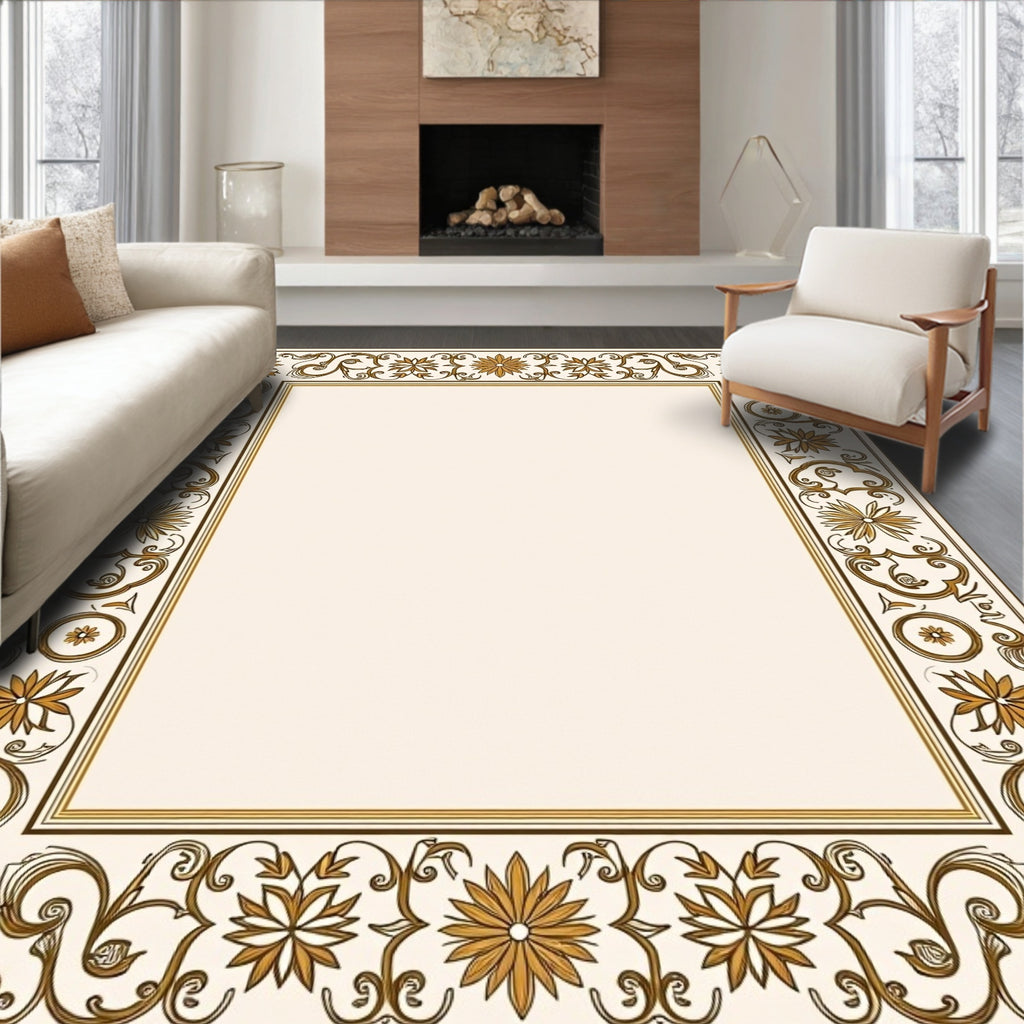 Golden Floral Filigree Border Design Rug