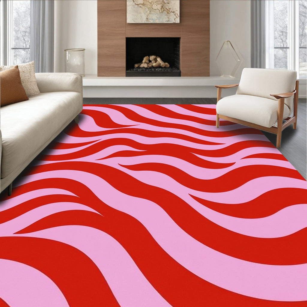Bold Red Pink Wavy Pattern Rug