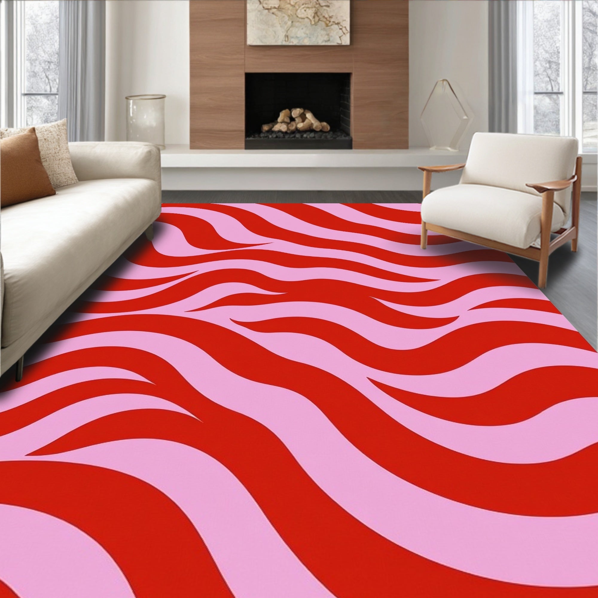 Bold Red Pink Wavy Pattern Rug
