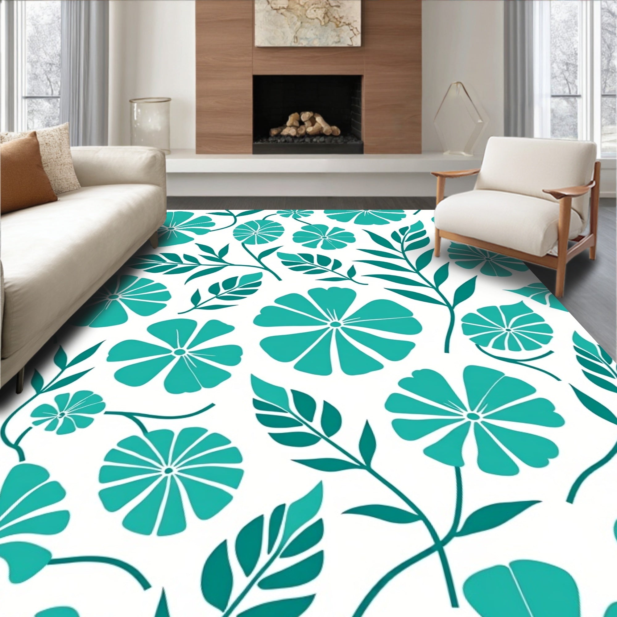 Teal Tropical Flower Leaf Pattern Rug