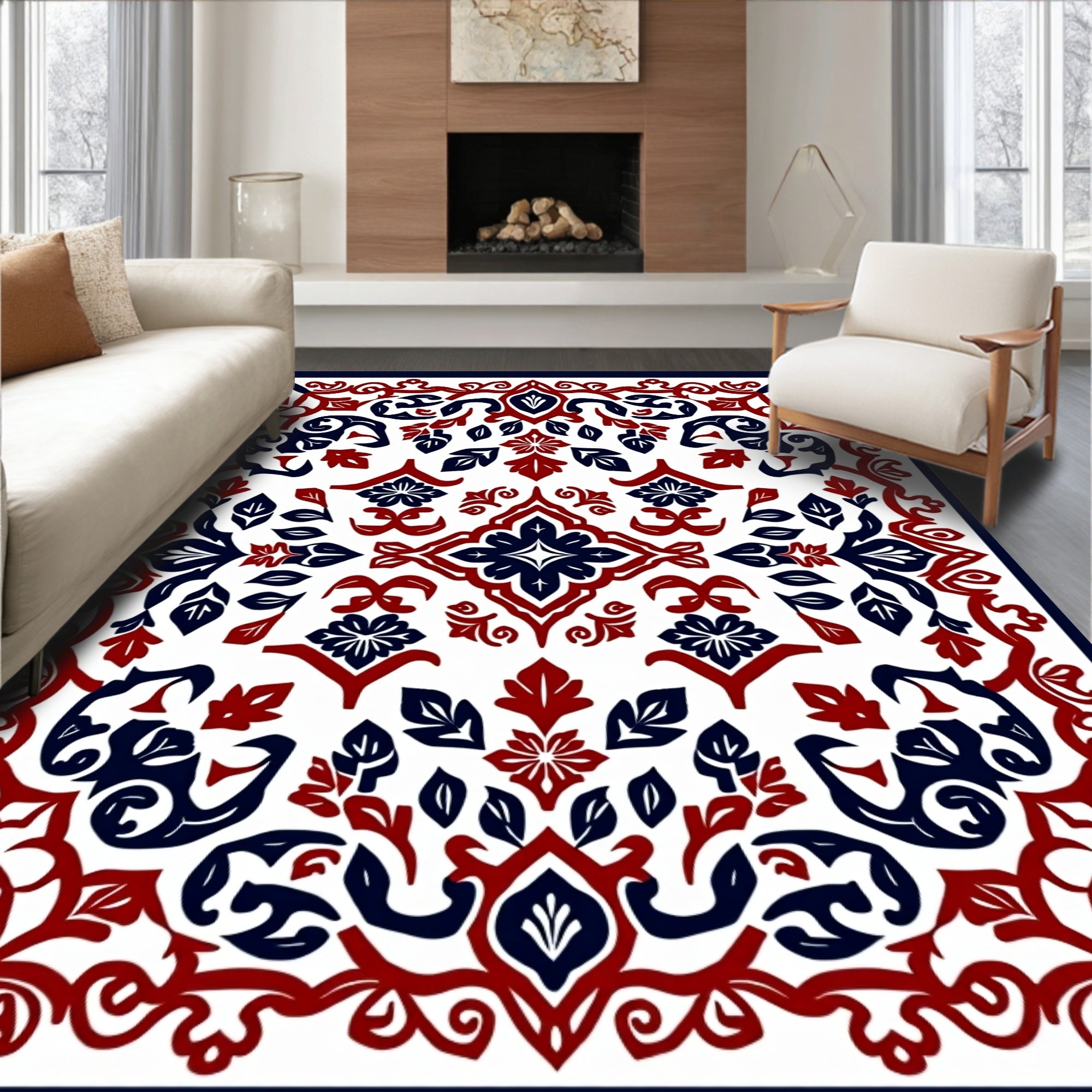 Classic Red Navy Floral Medallion Pattern Rug
