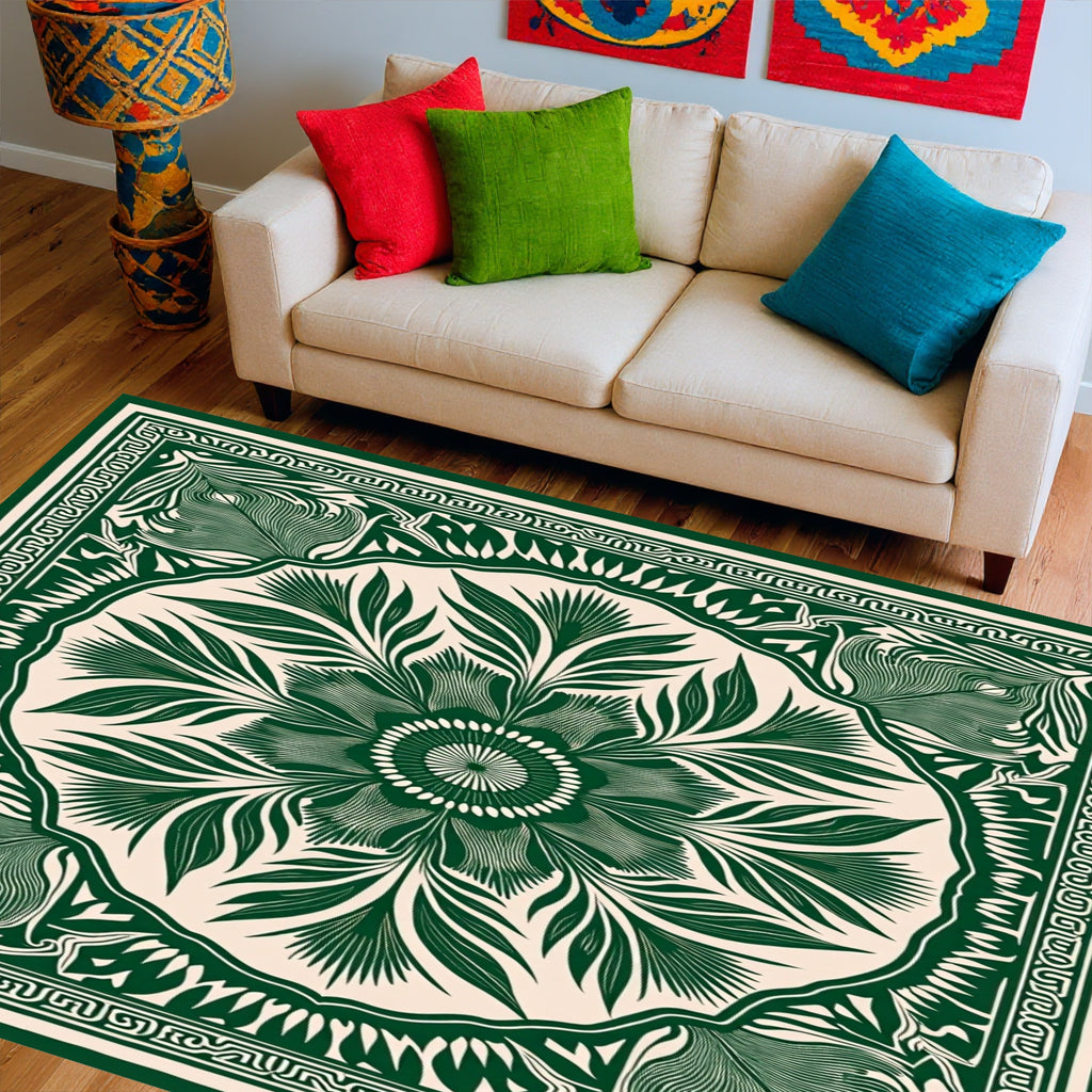 Green Floral Medallion Intricate Pattern Rug
