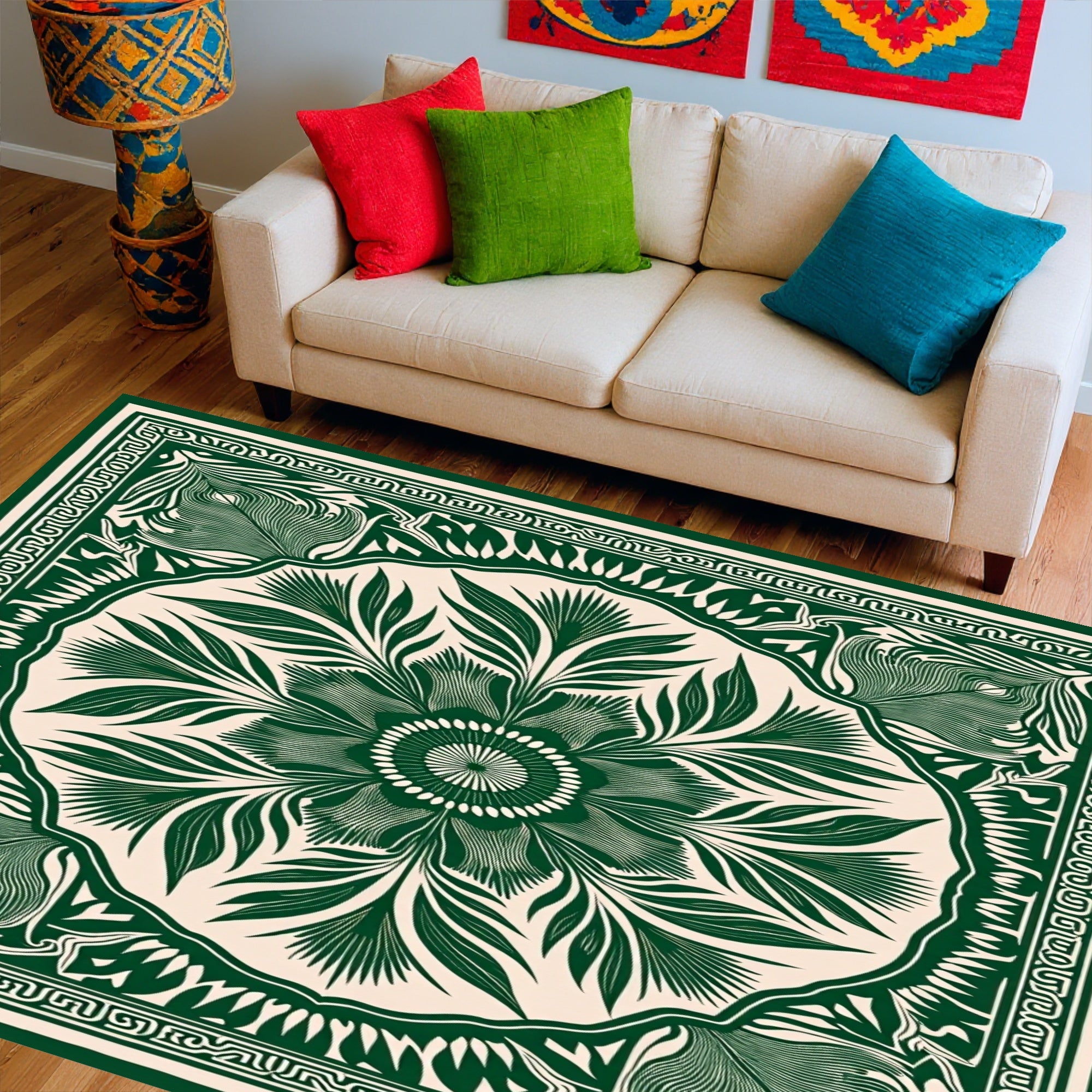 Green Floral Medallion Intricate Pattern Rug