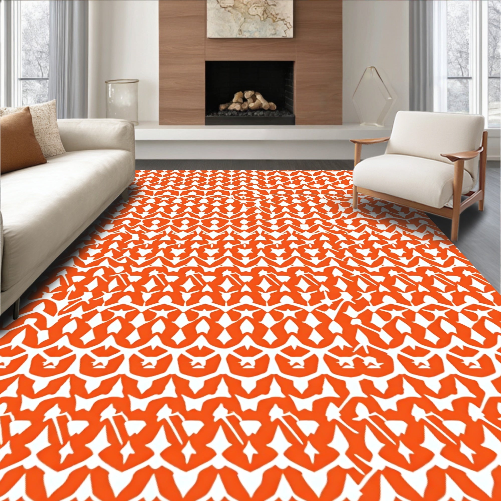 Orange White Intricate Geometric Pattern Rug