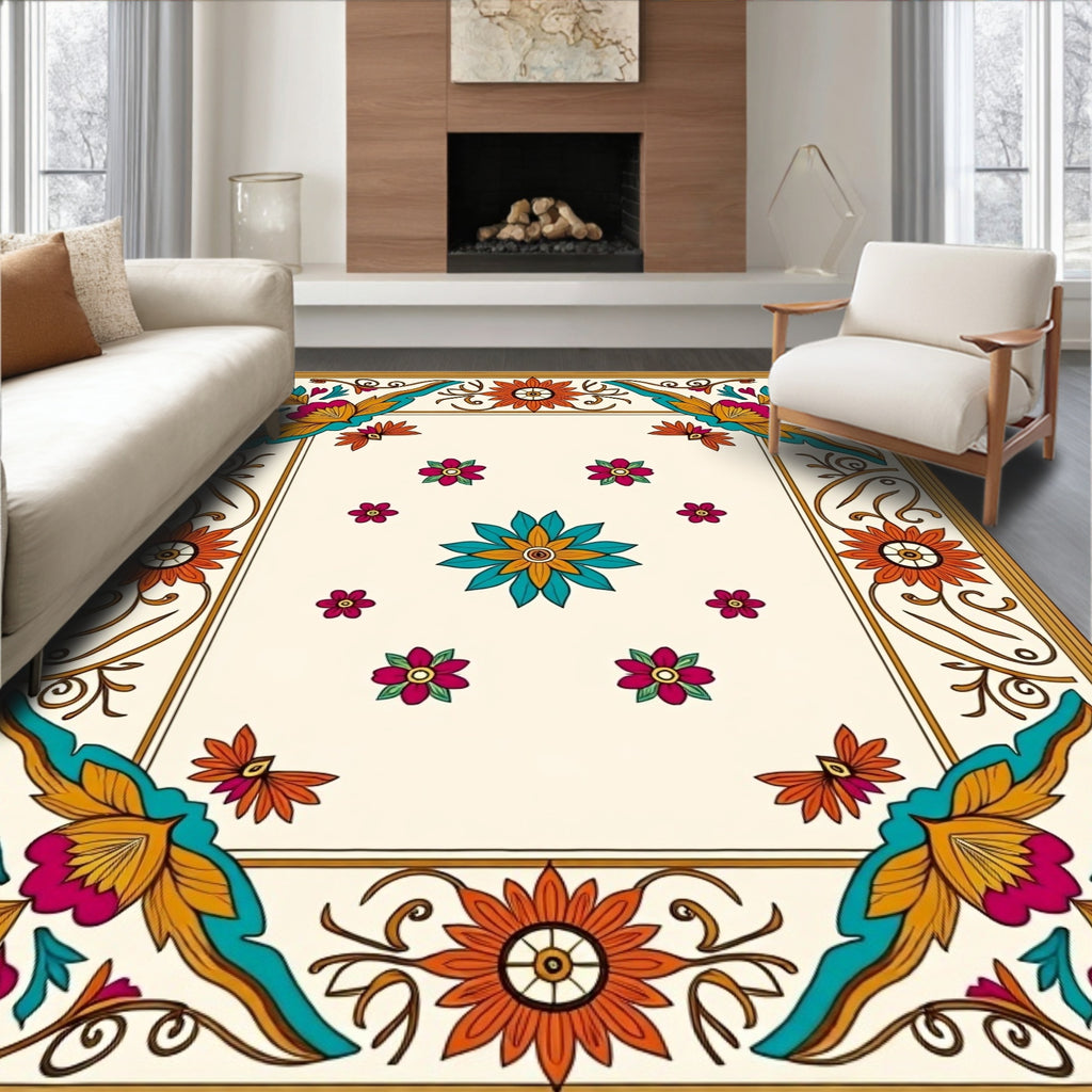 Vibrant Floral Medallion Cream Rug