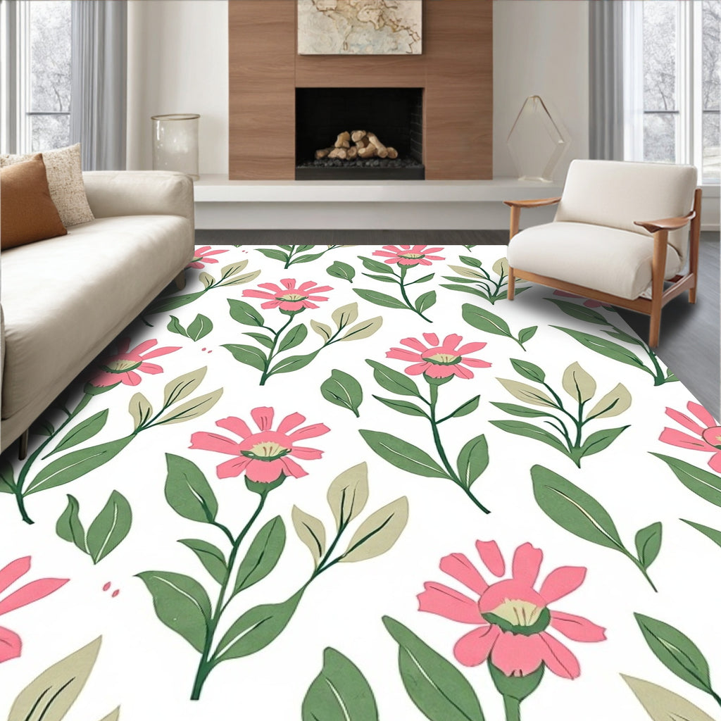 Pink Floral Stem Botanical Print Rug