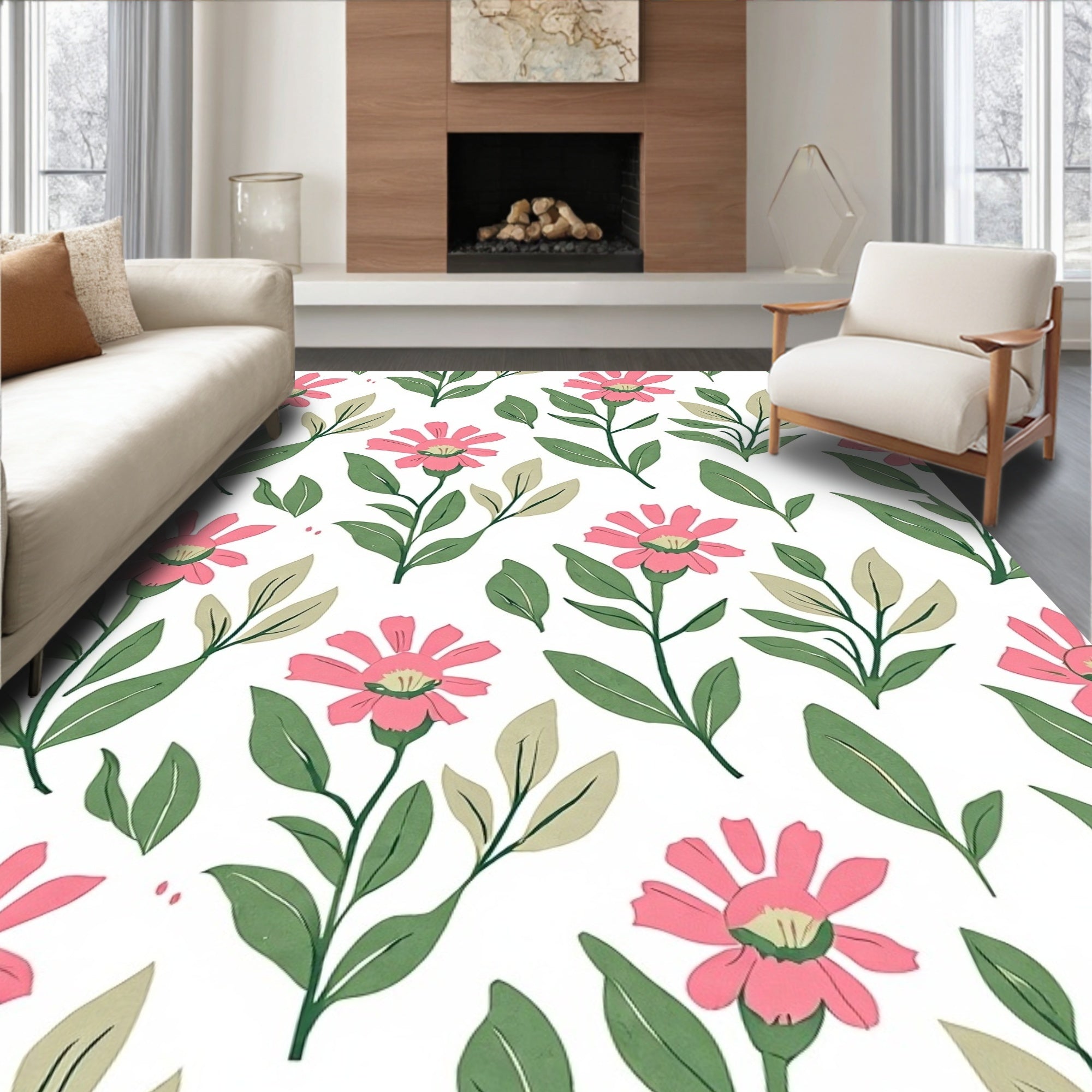 Pink Floral Stem Botanical Print Rug