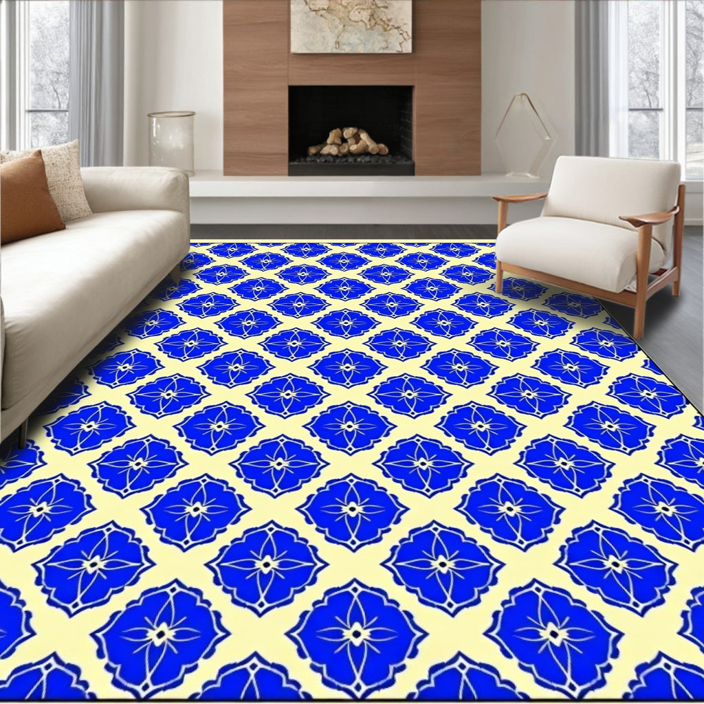 Classic Blue Floral Geometric Pattern Rug