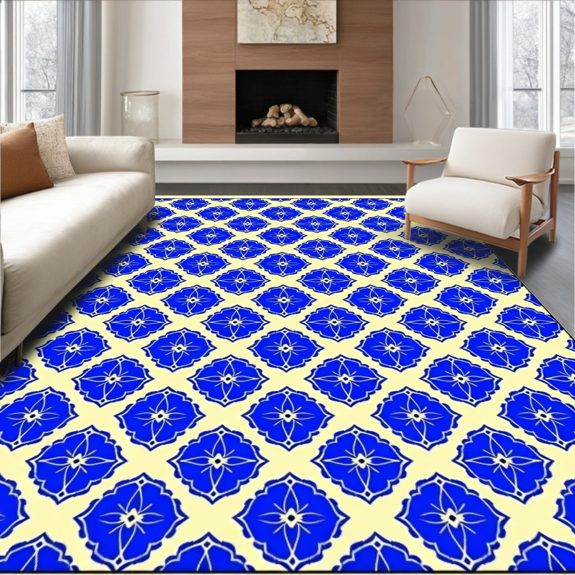 Classic Blue Floral Geometric Pattern Rug