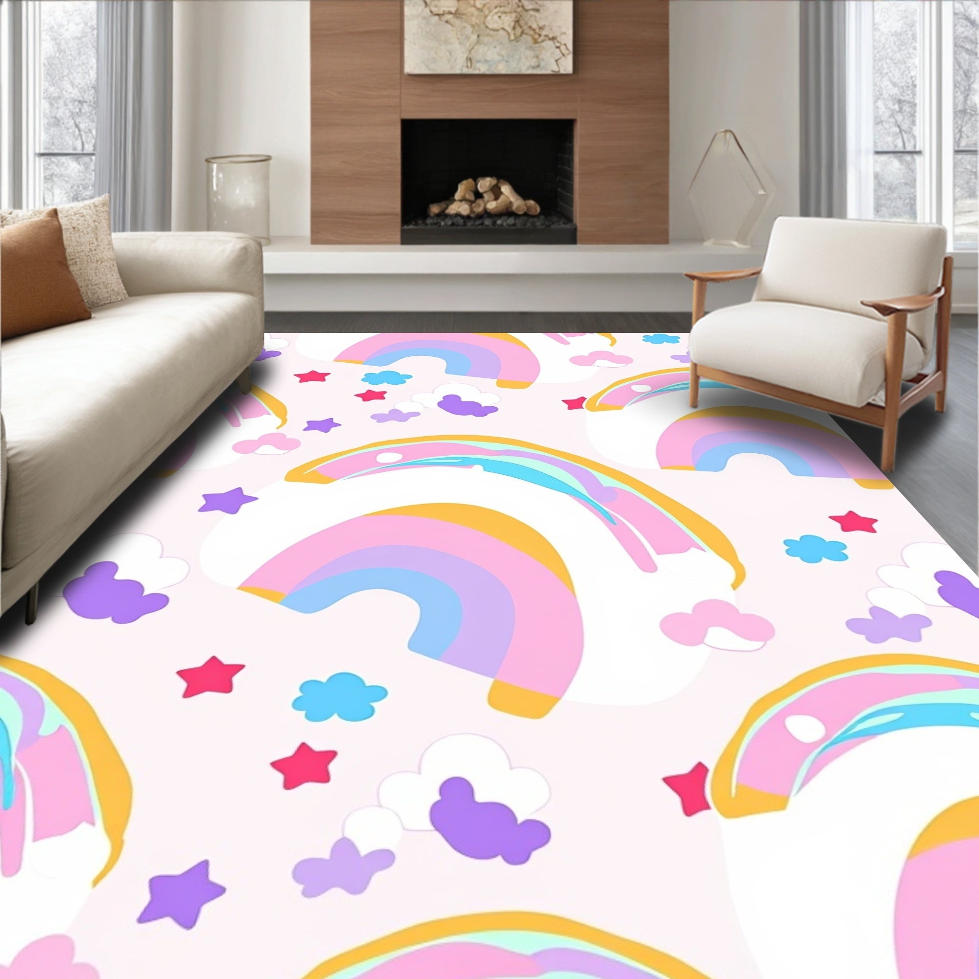 Pastel Rainbow Cloud Star Pattern Rug