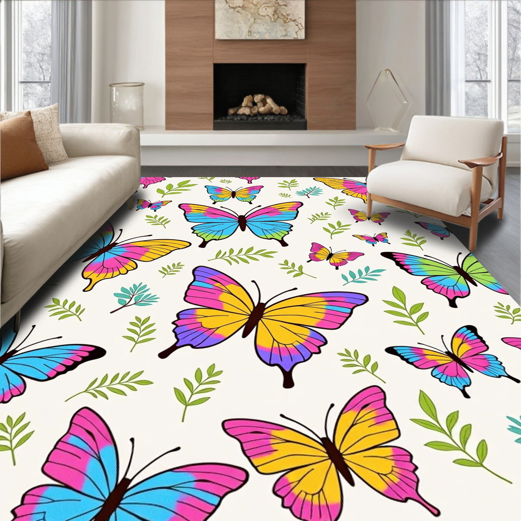 Vibrant Butterfly Pattern with Leaves Rug