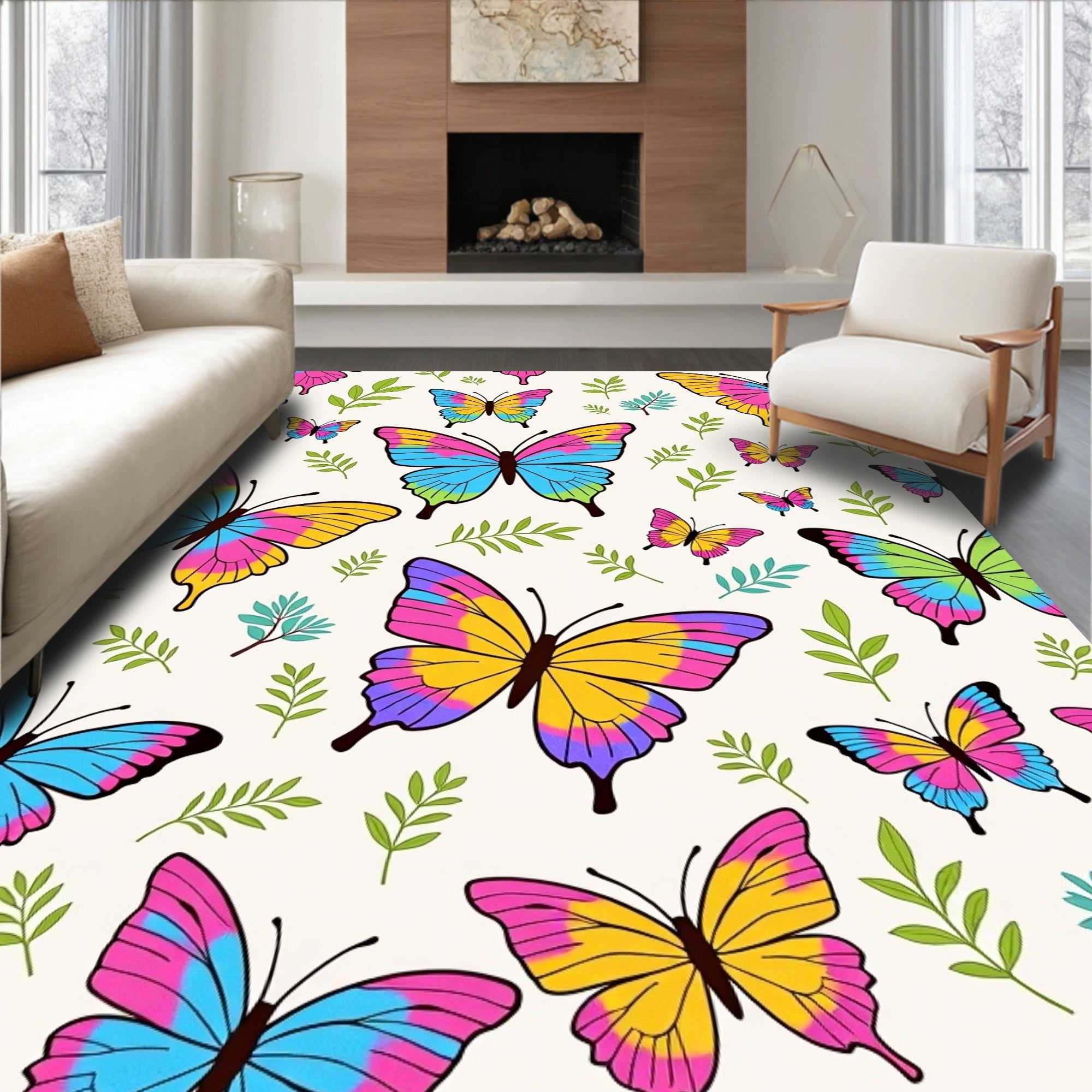 Vibrant Butterfly Pattern with Leaves Rug