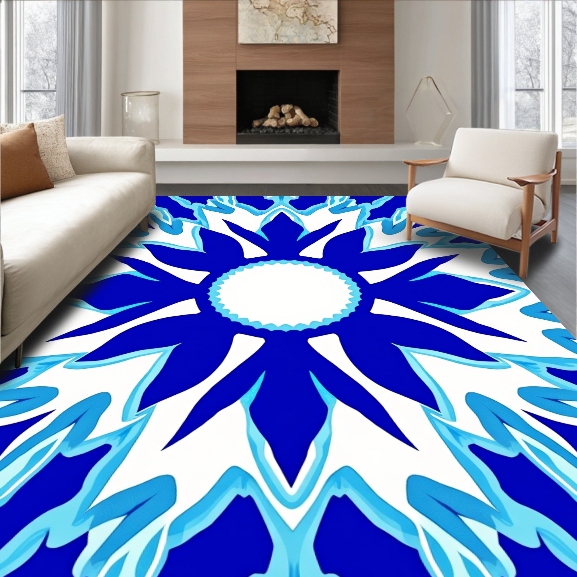 Bold Blue White Floral Mandala Design Rug