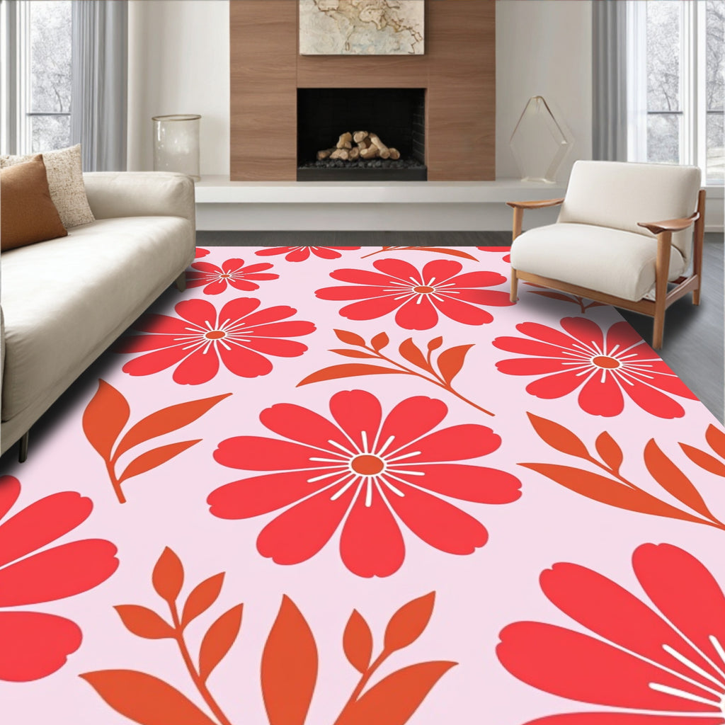 Retro Floral Pattern With Red Flowers Rug