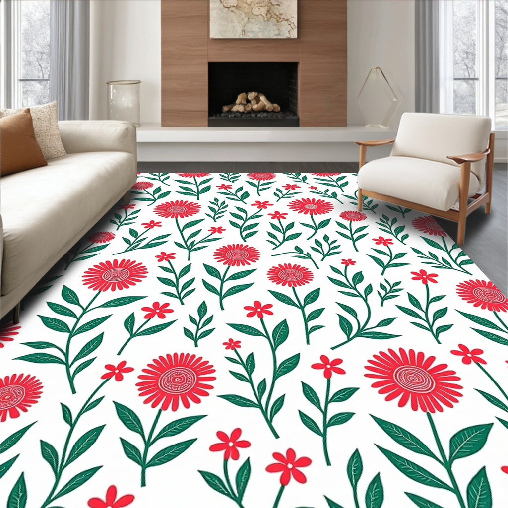 Red Daisy Garden Floral Pattern Rug