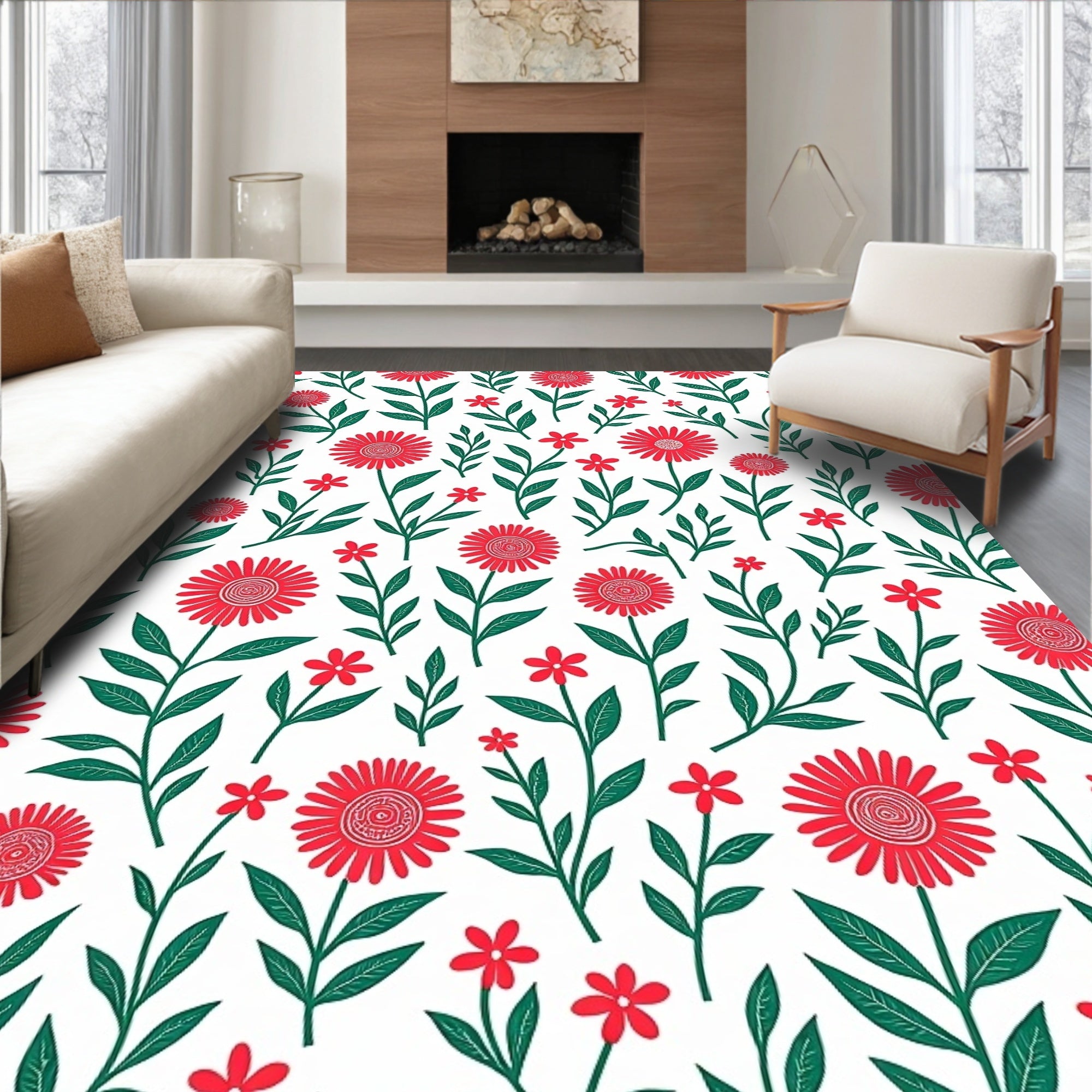Red Daisy Garden Floral Pattern Rug