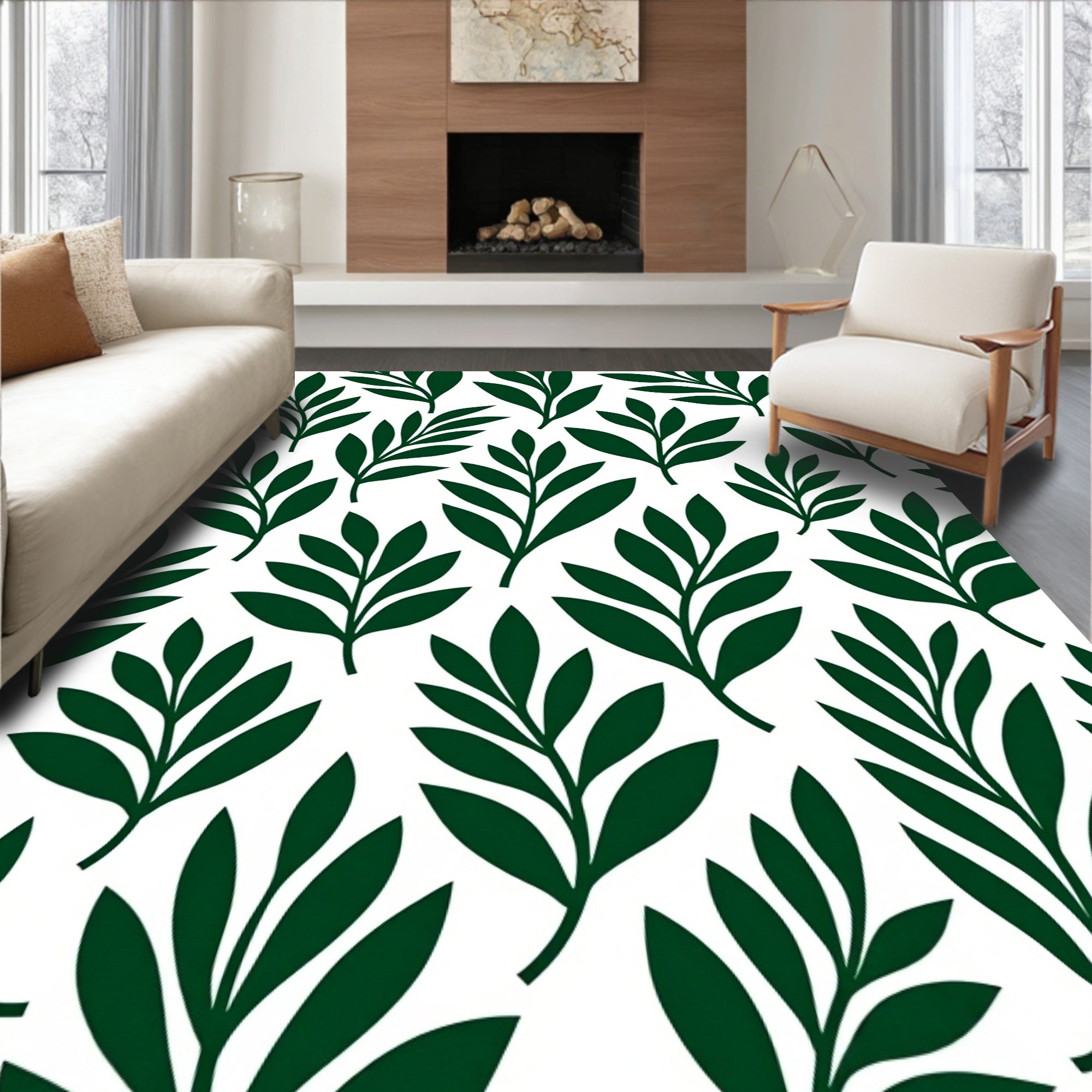 Dark Green Leaf Pattern Rug