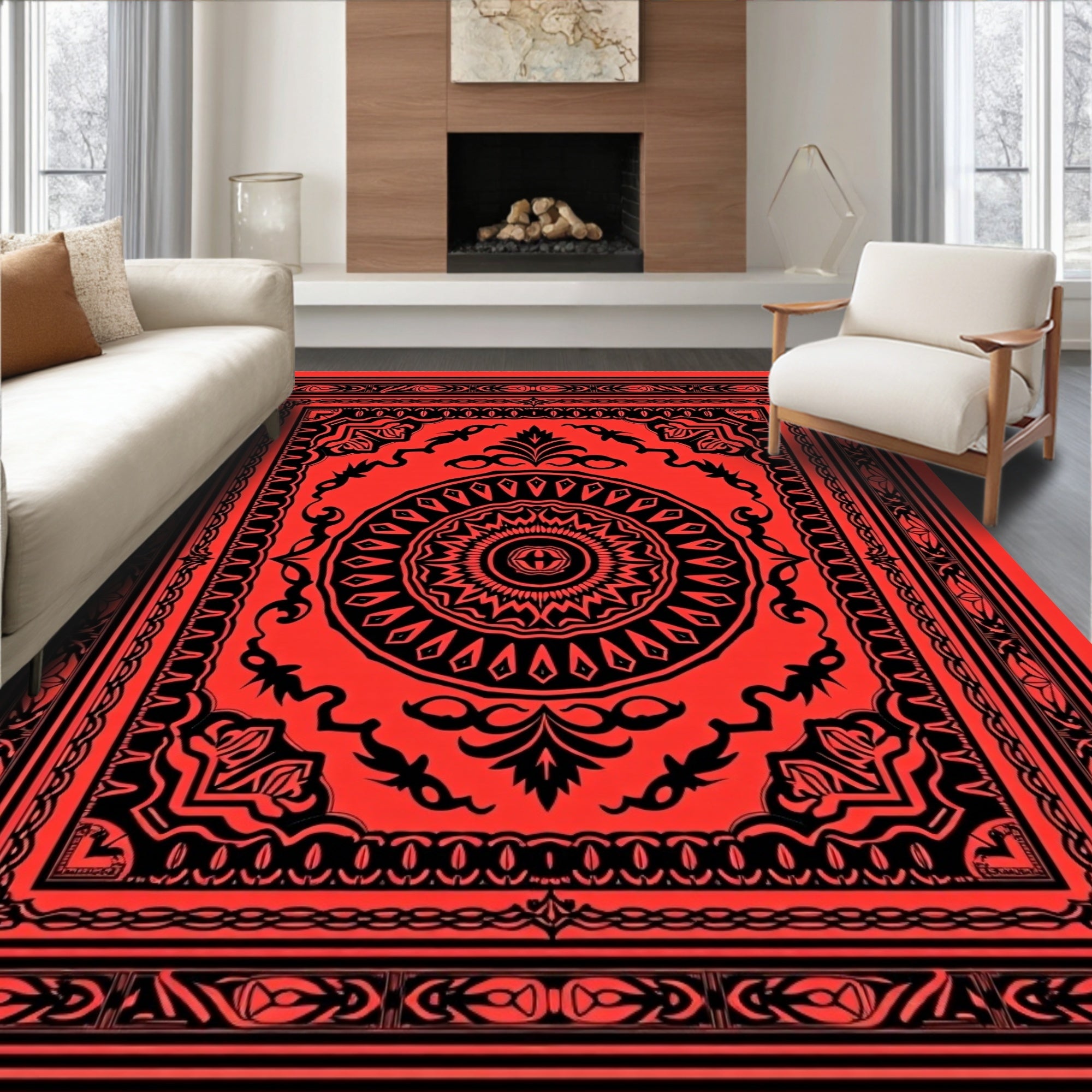 Bold Black On Red Ornamental Design Rug