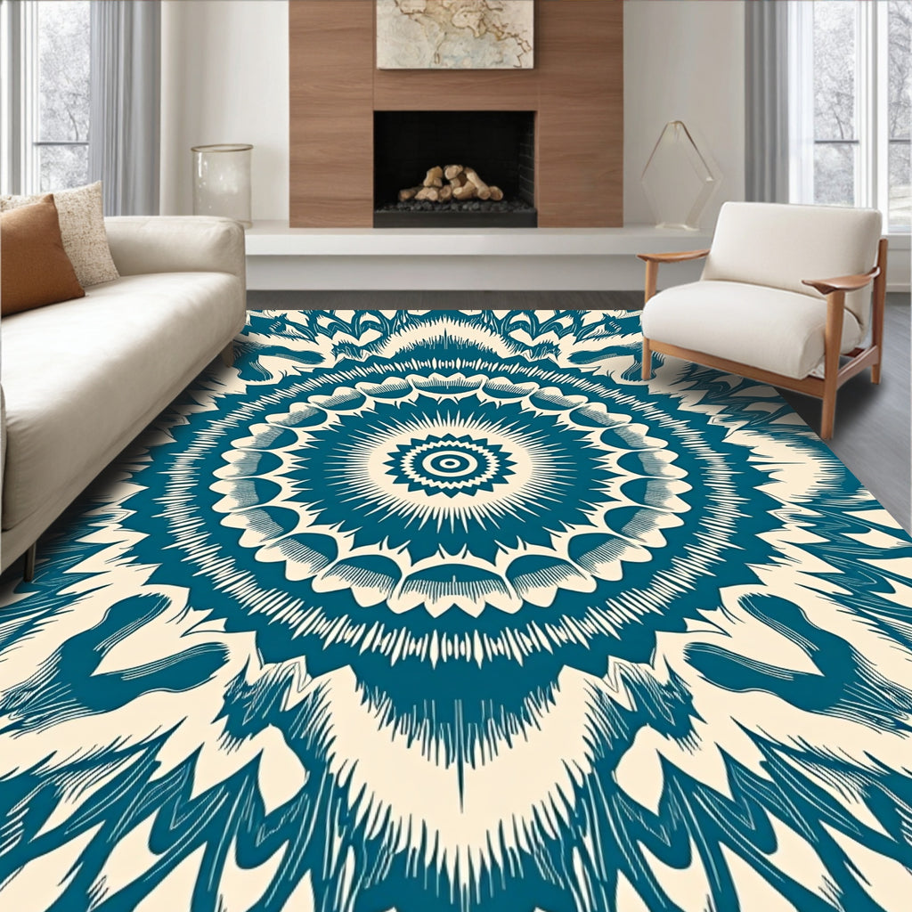 Mandala Teal Cream Radiating Pattern Rug