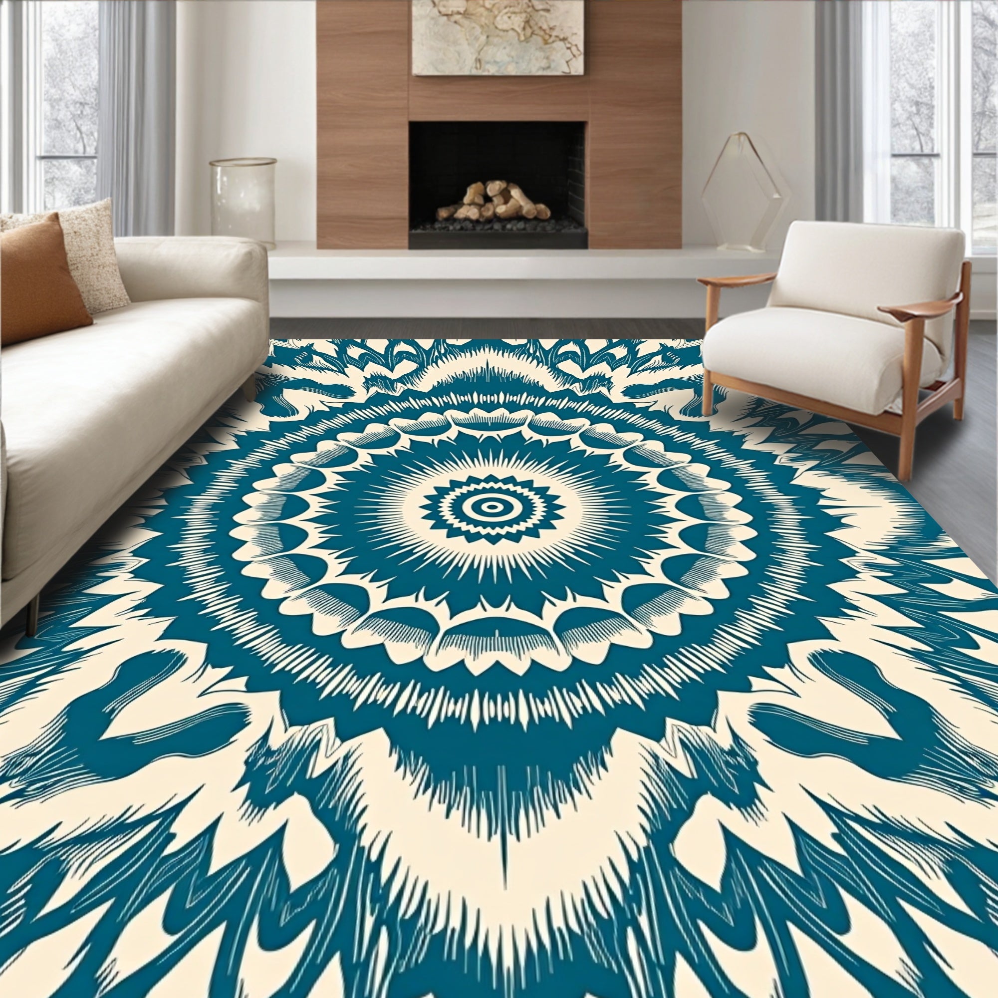 Mandala Teal Cream Radiating Pattern Rug
