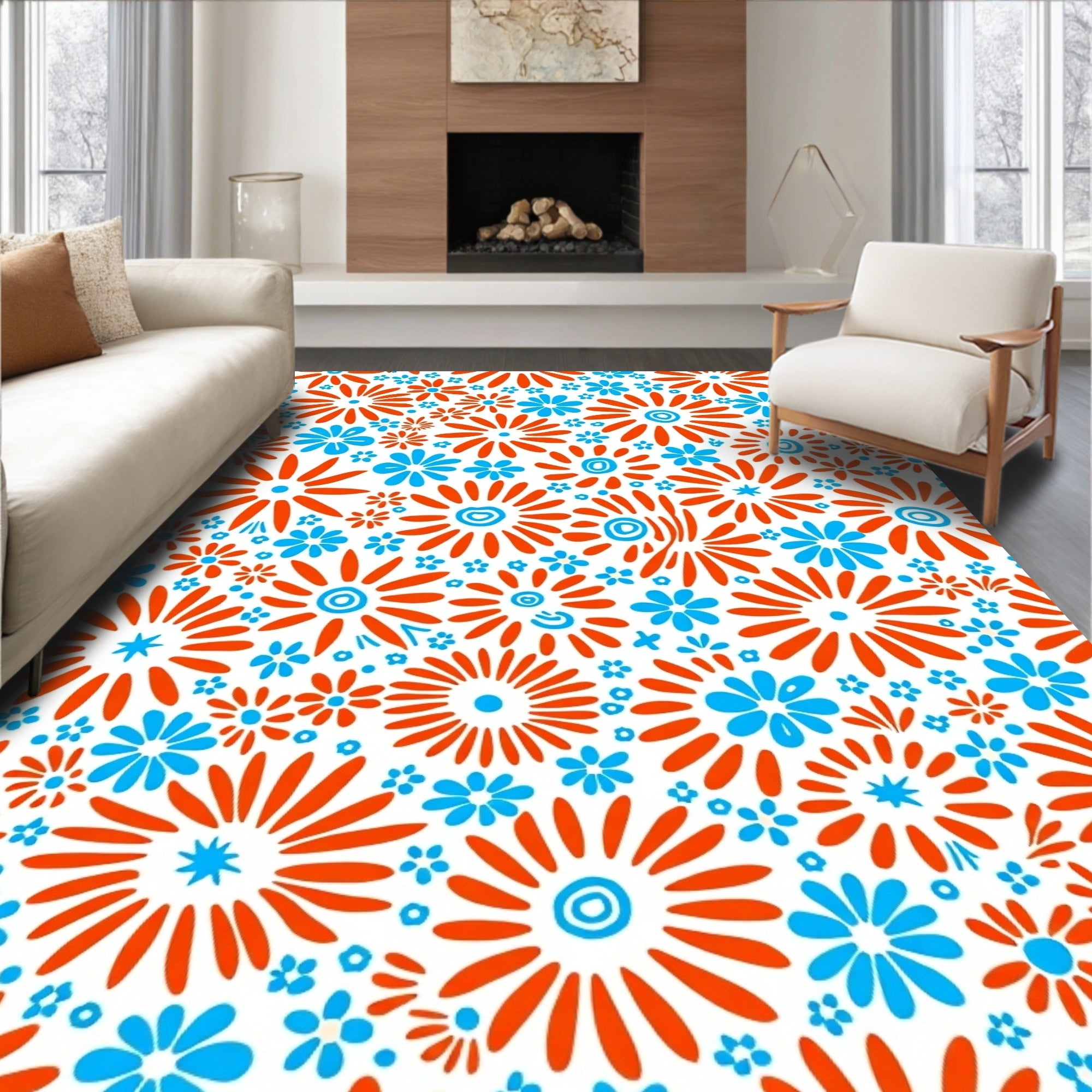 Bright Orange Blue Floral Pattern Rug
