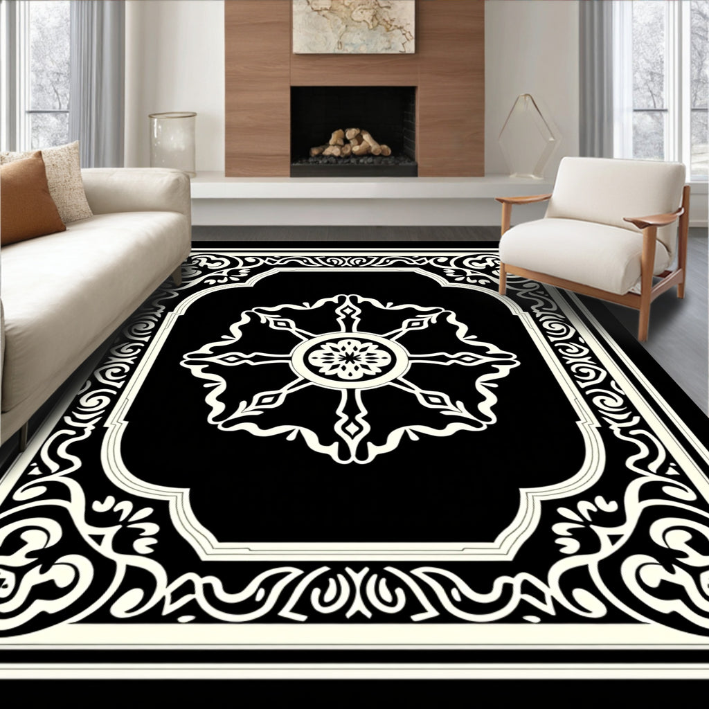 Monochromatic Floral Scrollwork Design Rug