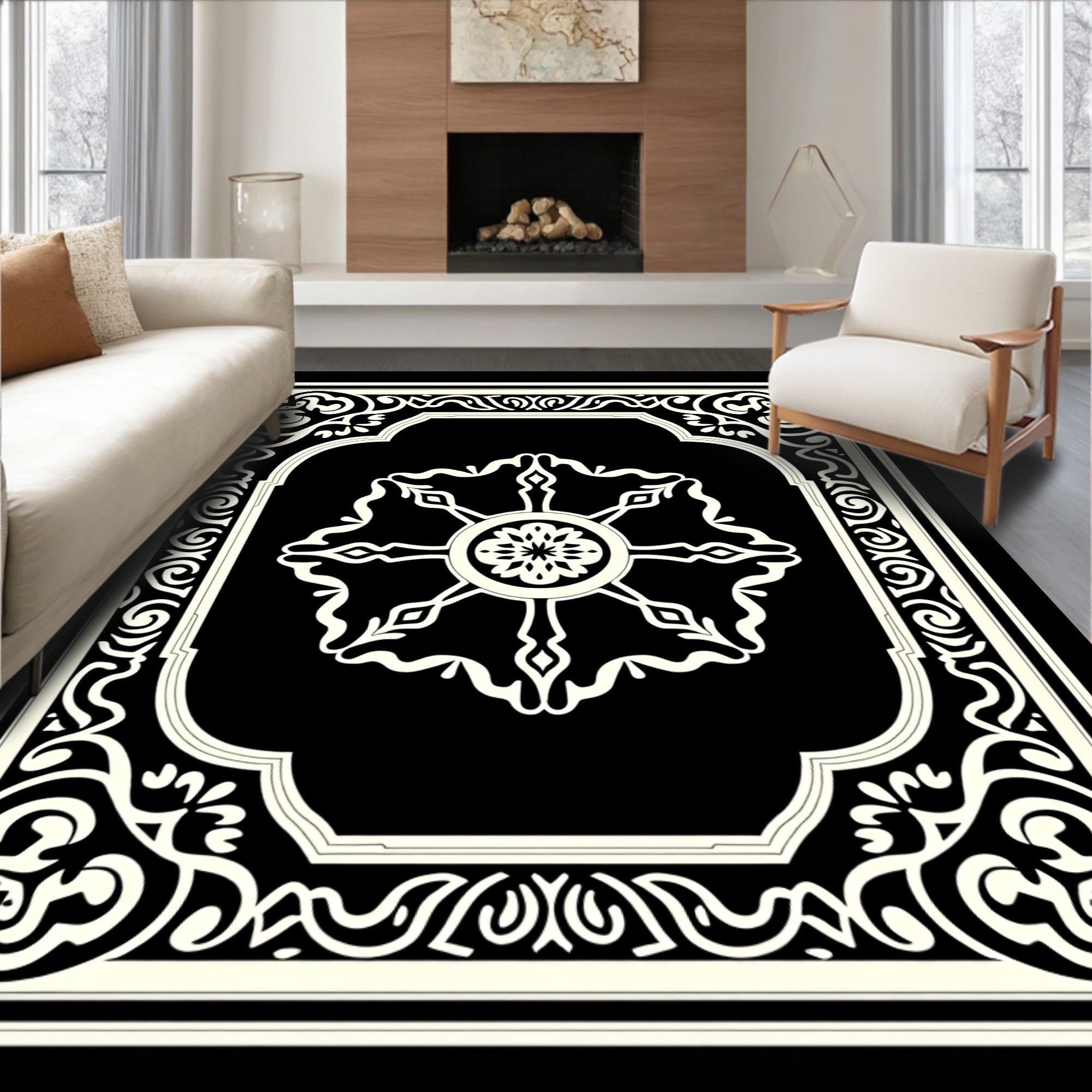 Monochromatic Floral Scrollwork Design Rug