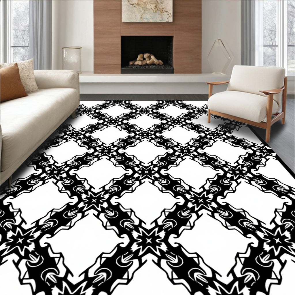 Ornate Black White Lattice Pattern Rug