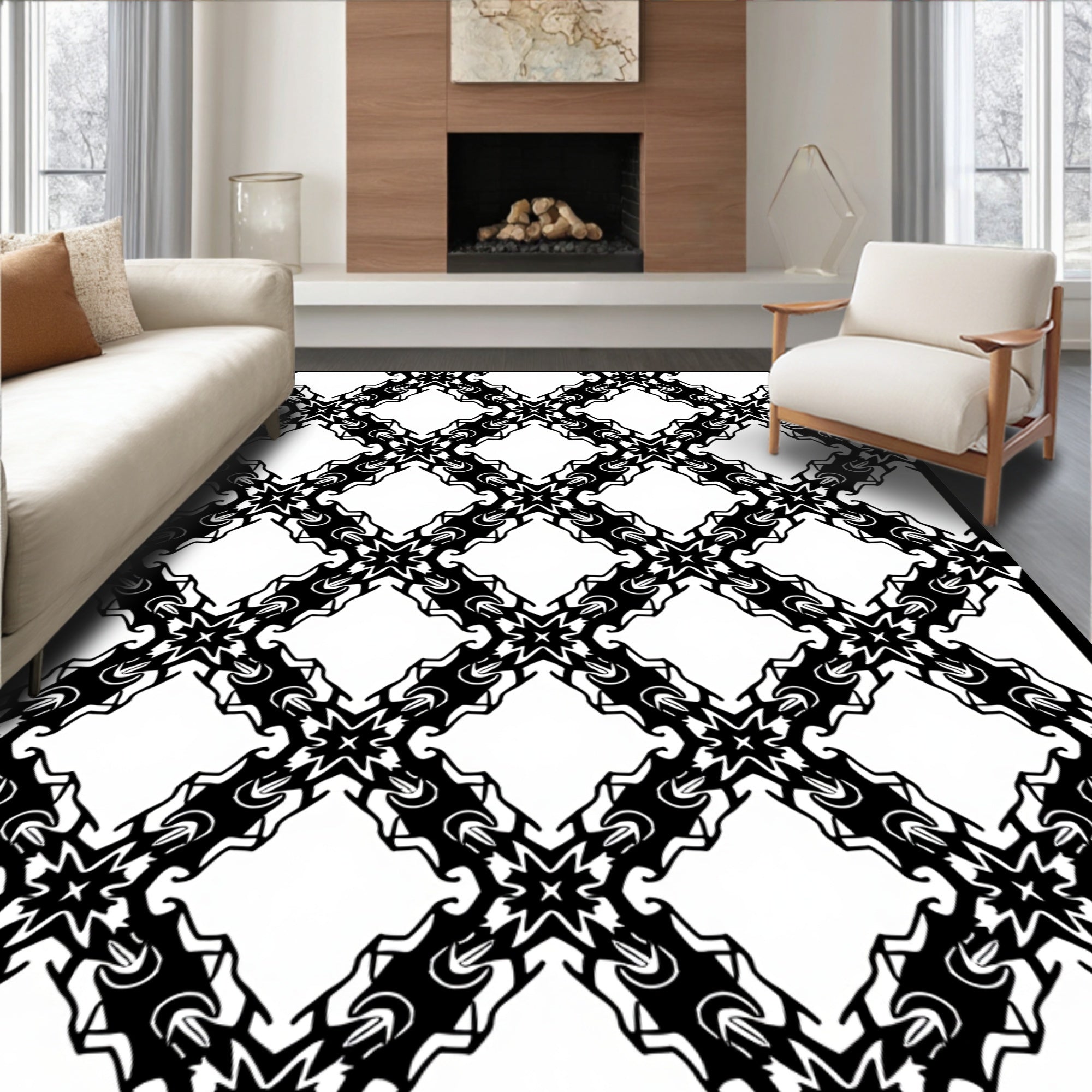 Ornate Black White Lattice Pattern Rug
