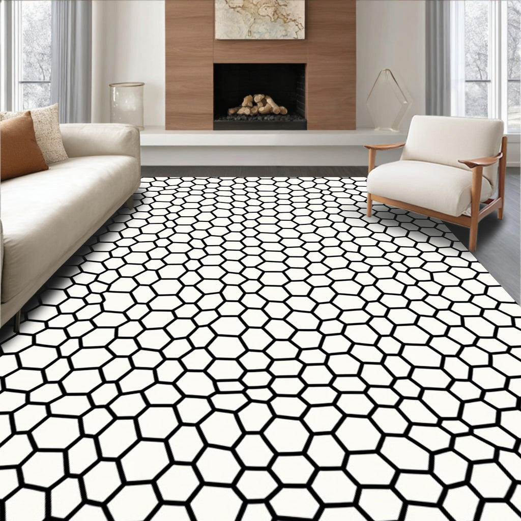 Abstract Black White Hexagon Pattern Rug