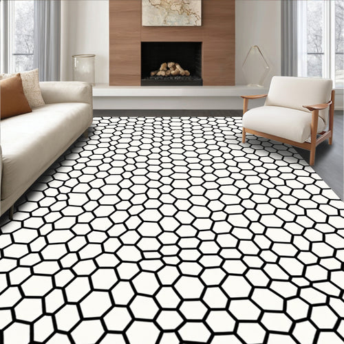 Abstract Black White Hexagon Pattern Rug