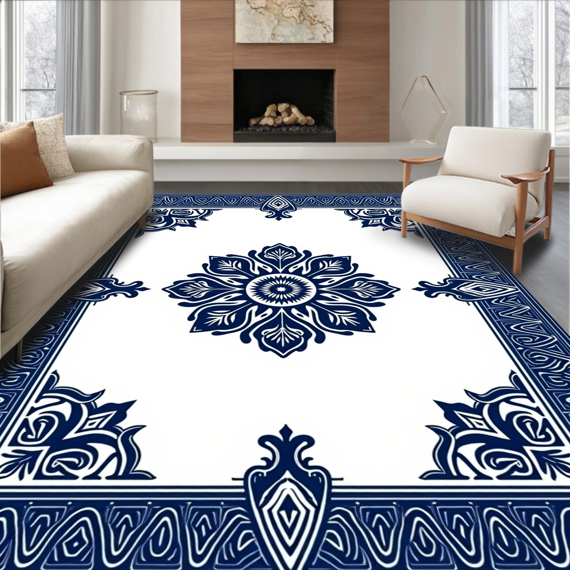 Navy Blue Floral Mandala Pattern Rug