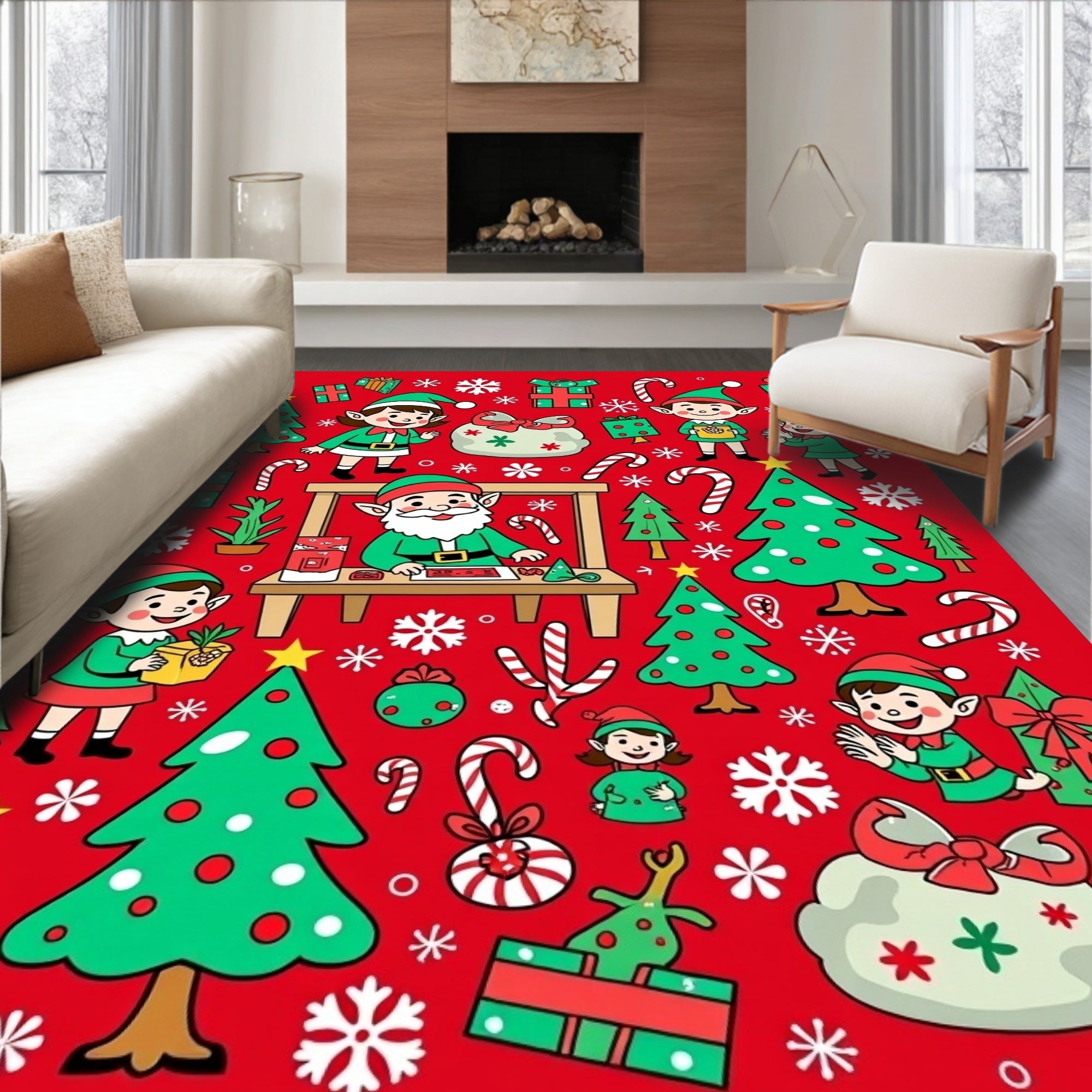 Red Christmas Elves Candy Cane Trees Rug