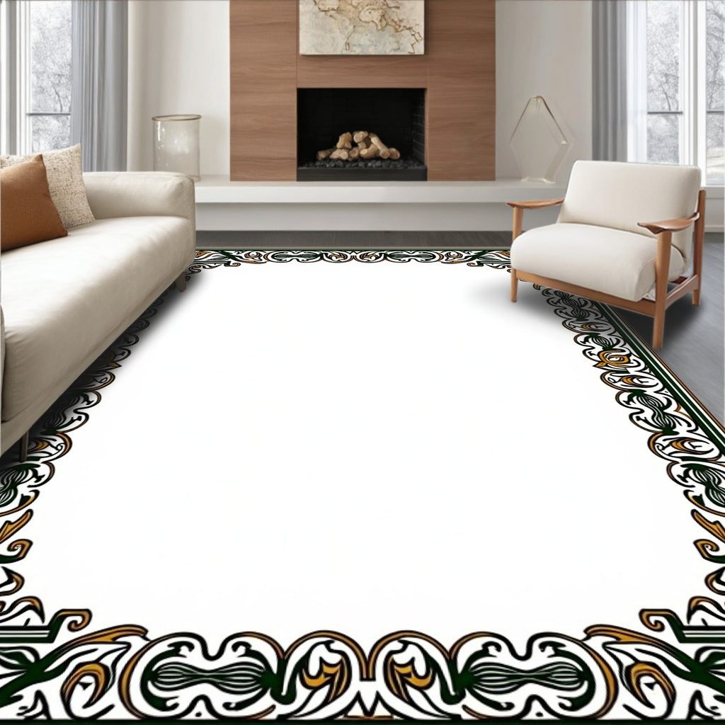 Ornate Green and Gold Filigree Border Rug