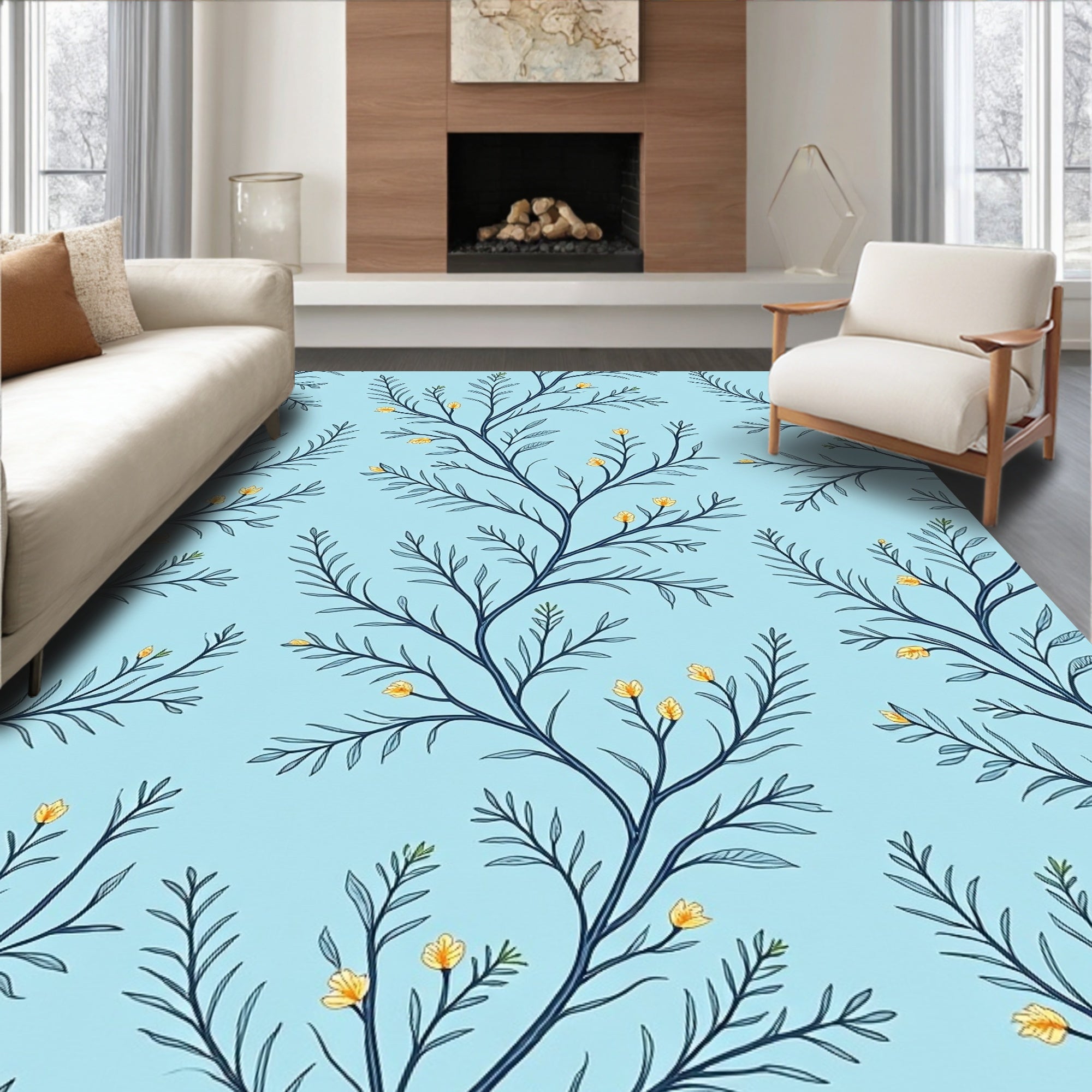 Delicate Blooming Branches Pattern Rug