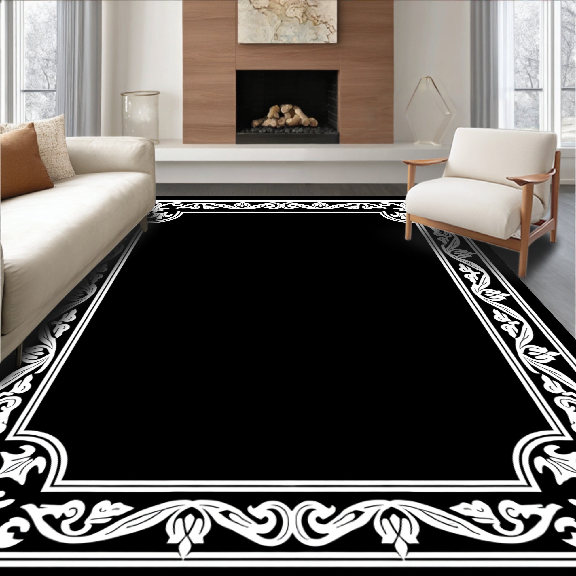 Ornate White Floral Border Design Rug