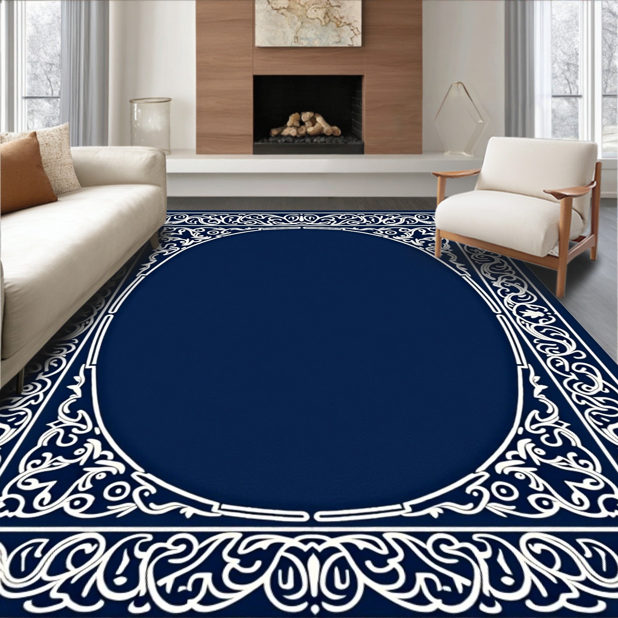Ornate White Floral Navy Border Rug