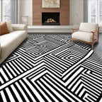 Bold Black White Geometric Maze Pattern Rug
