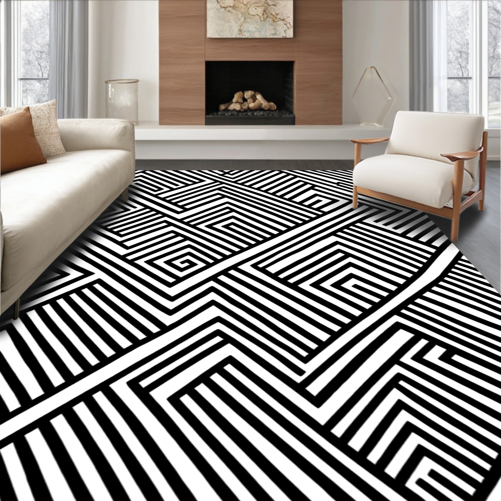 Bold Black White Geometric Maze Pattern Rug