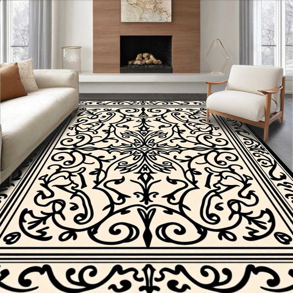 Cream Black Ornate Floral Medallion Rug